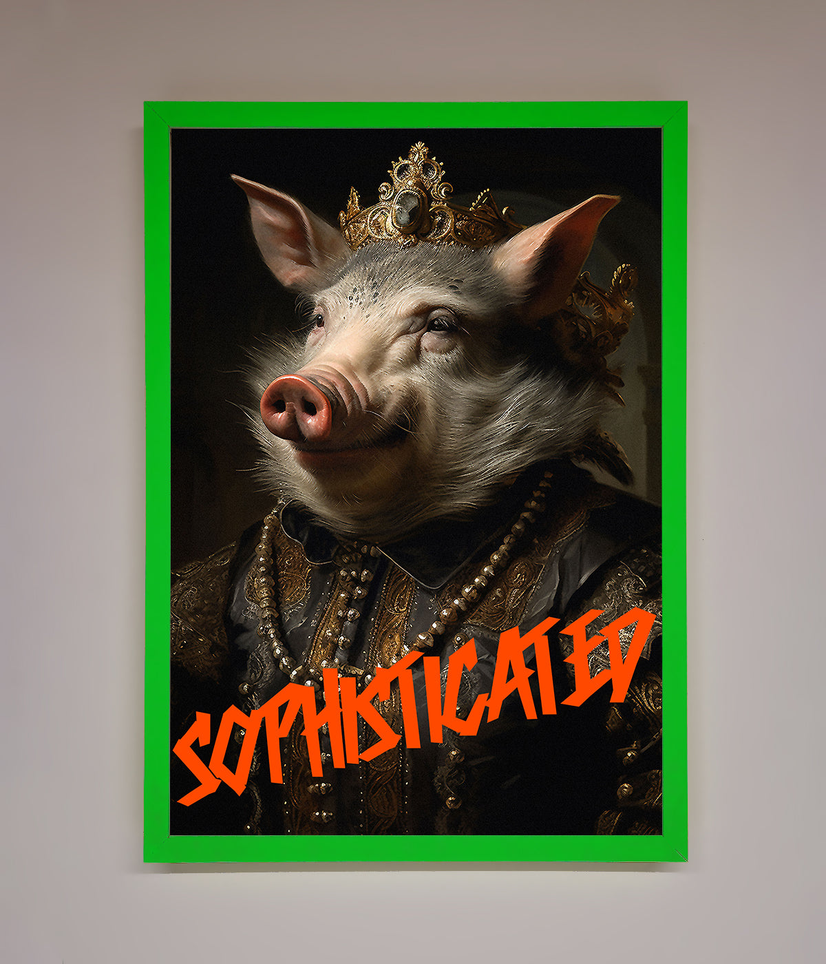 Sophisticated Pig framed wall art with regal attire and bright green frame.