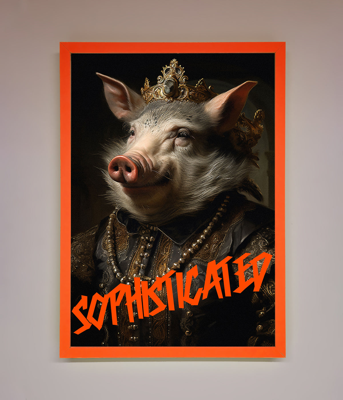 Sophisticated Pig framed wall art featuring a regal pig in ornate attire.