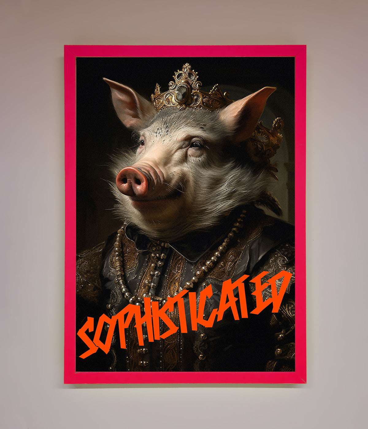 Sophisticated Pig Framed Wall Art with regal attire.