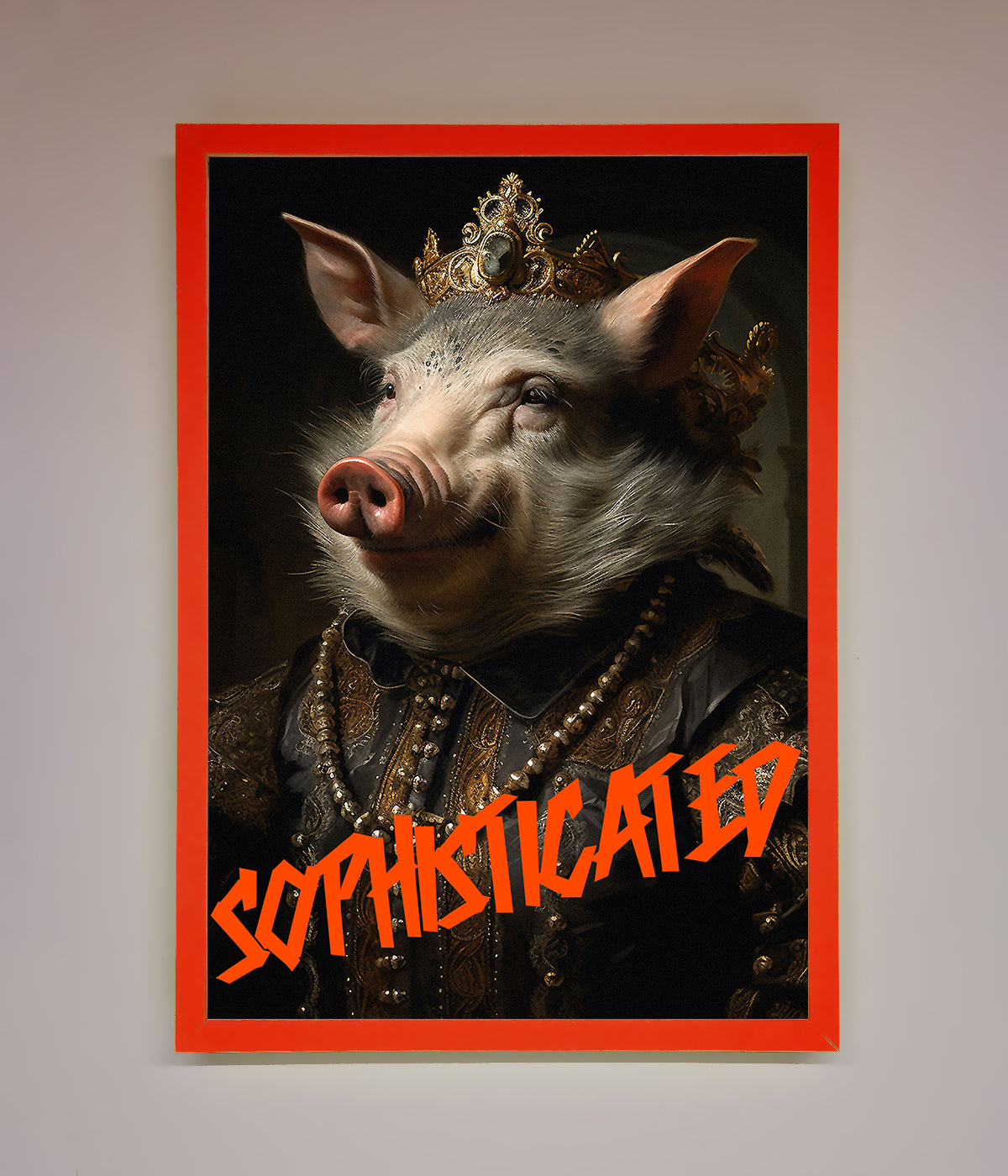 Sophisticated Pig framed wall art with ornate regal design.