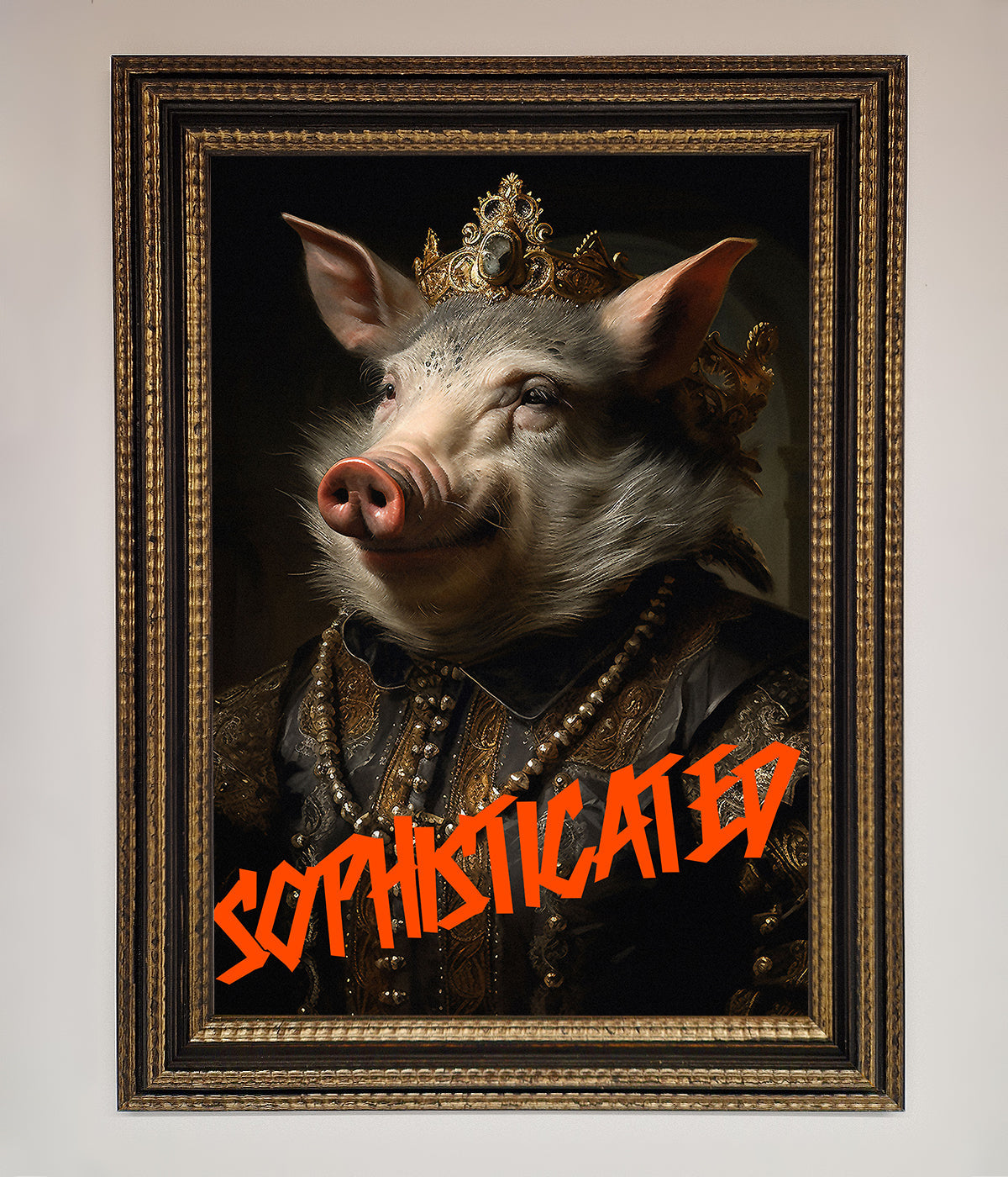 Sophisticated Pig framed wall art with royal attire.