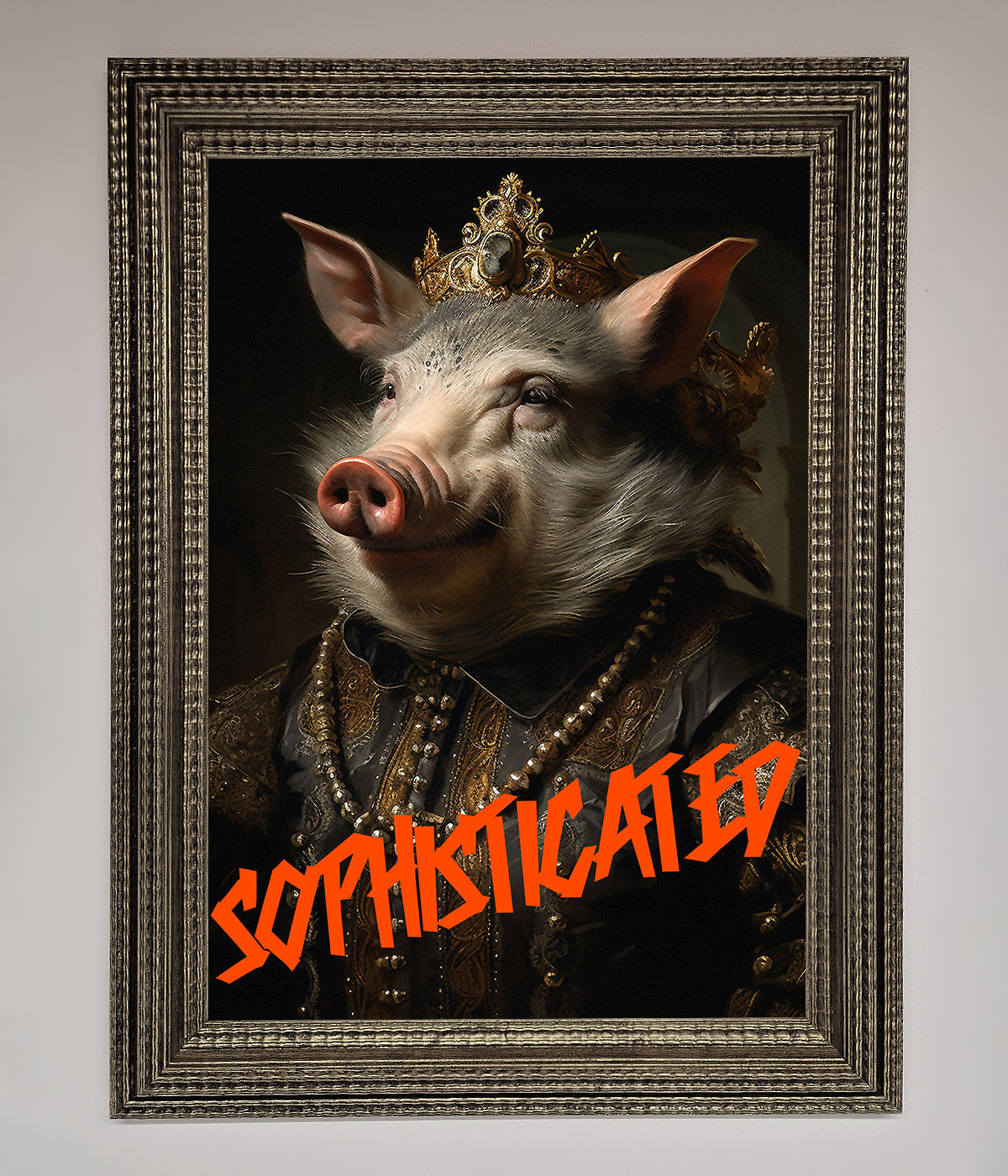 Sophisticated Pig Framed Wall Art featuring a regal pig in ornate attire.