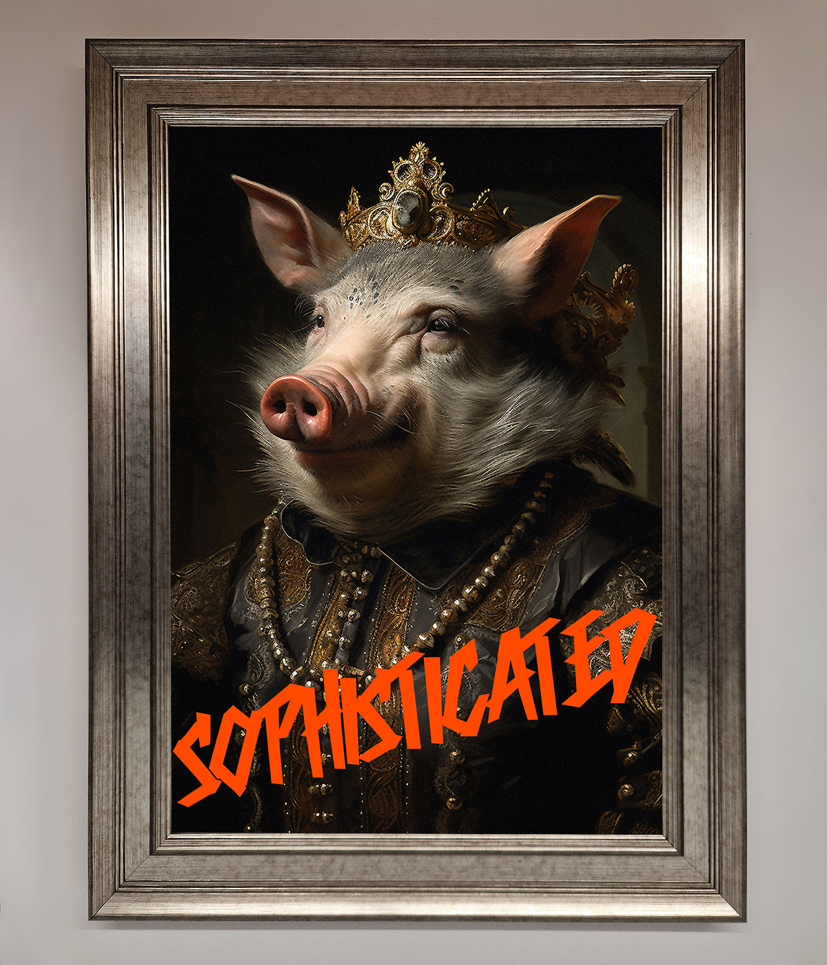 Sophisticated Pig Framed Wall Art featuring a regal pig portrait.