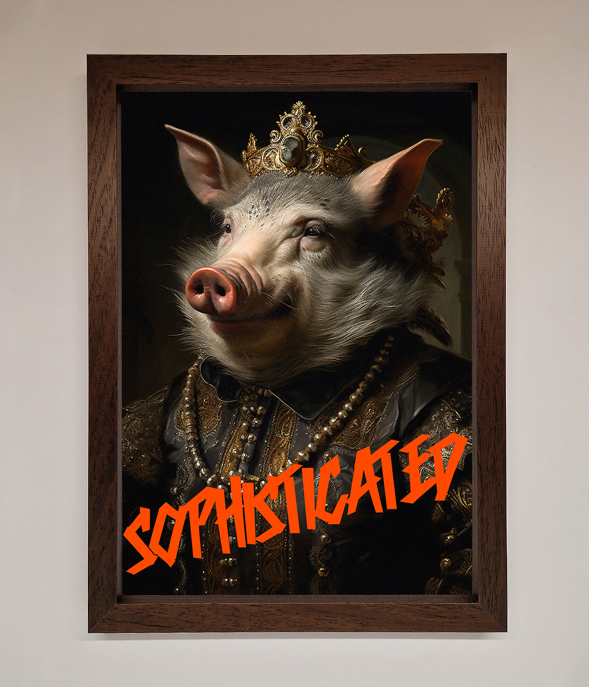 Sophisticated Pig framed wall art with regal attire and crown.