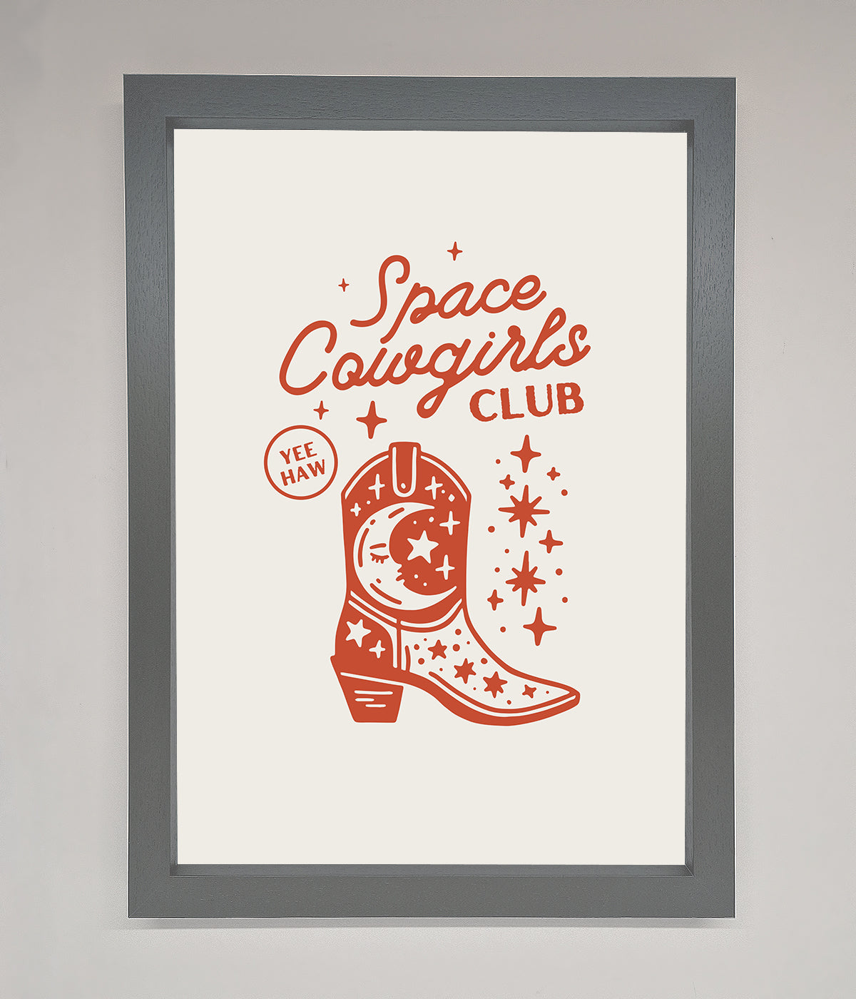 Space Cowgirls Club Framed Wall Art with cosmic and rustic design.