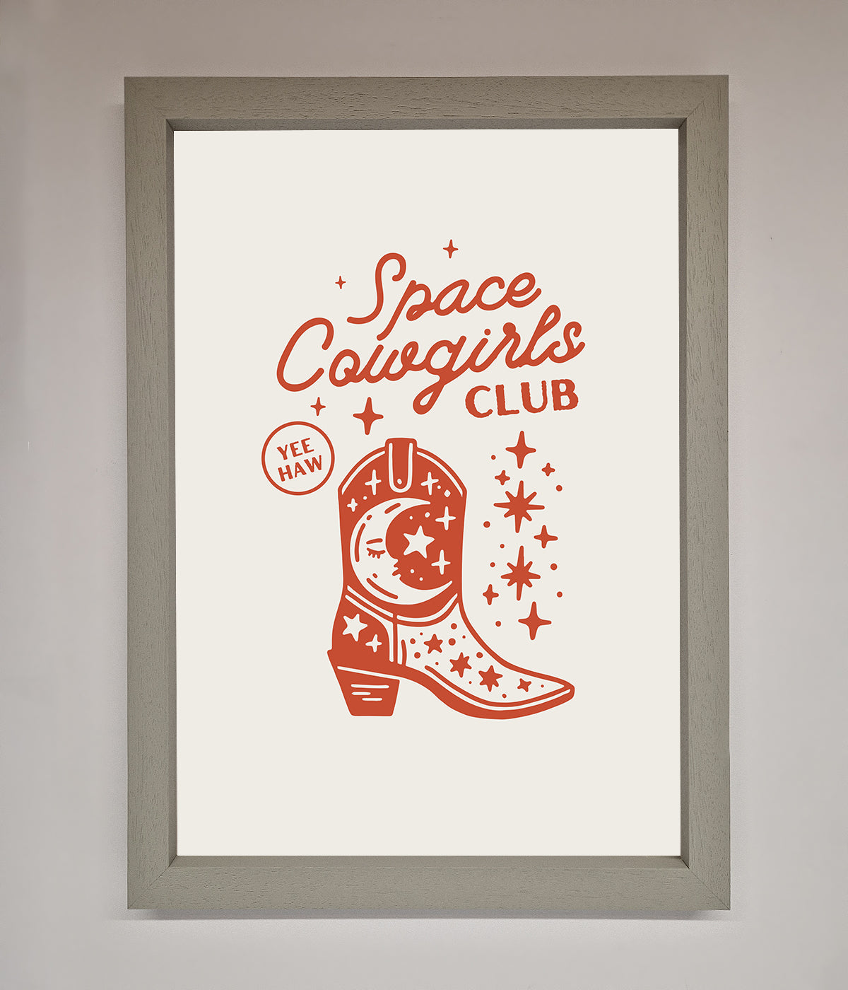 Space Cowgirls Club framed wall art with cosmic cowboy boot design.