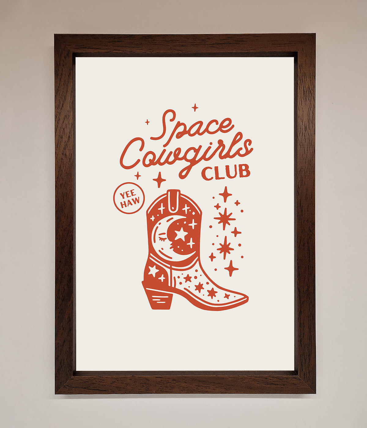 Space Cowgirls Club Framed Wall Art with cosmic and rustic design in a wooden frame.