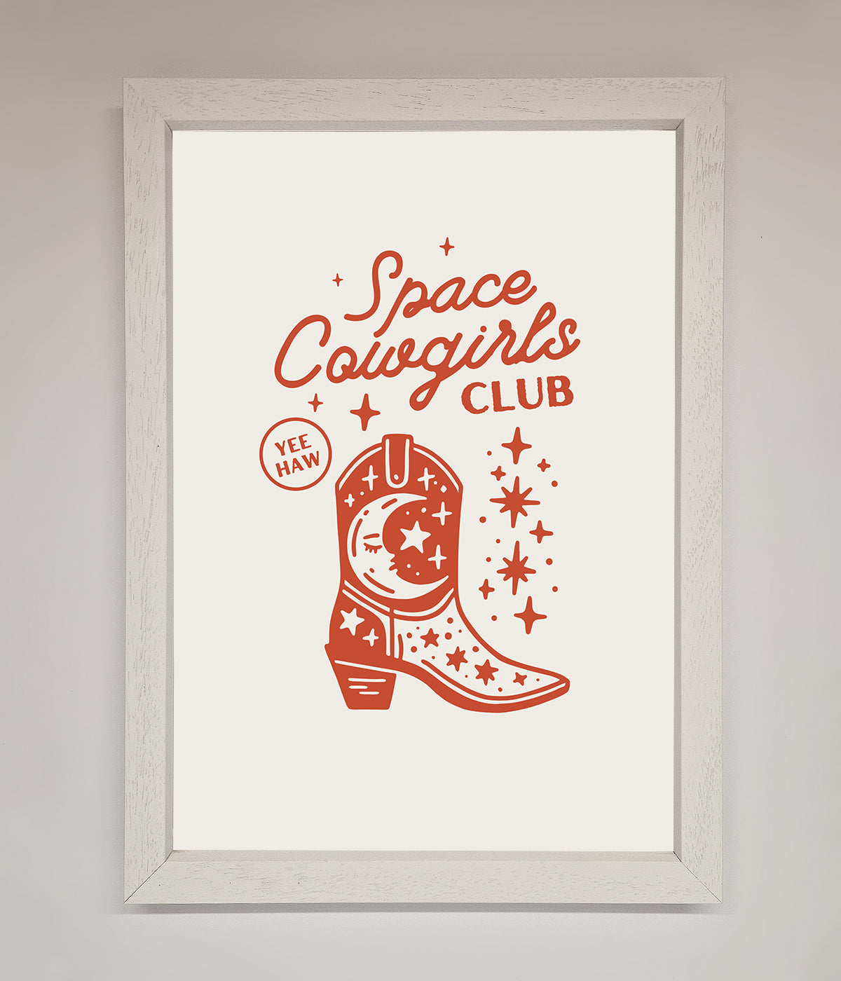 Space Cowgirls Club framed wall art with cosmic boot design, perfect for home decor.