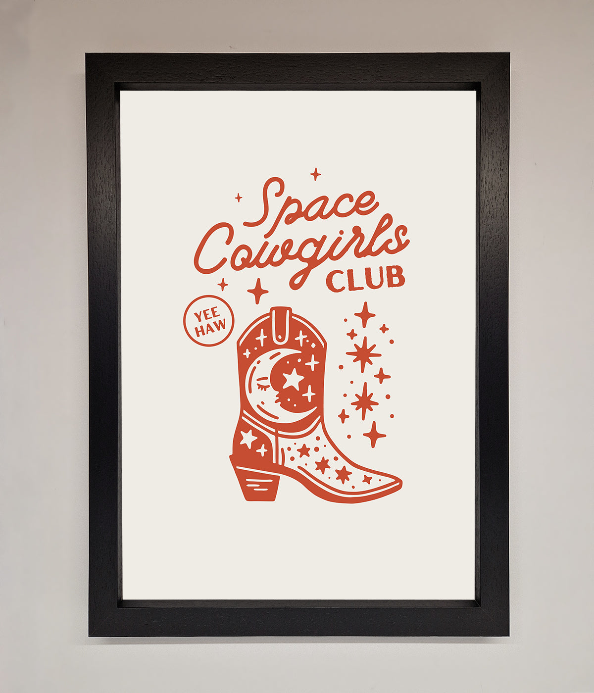 Space Cowgirls Club framed wall art featuring a cosmic-themed boot design.