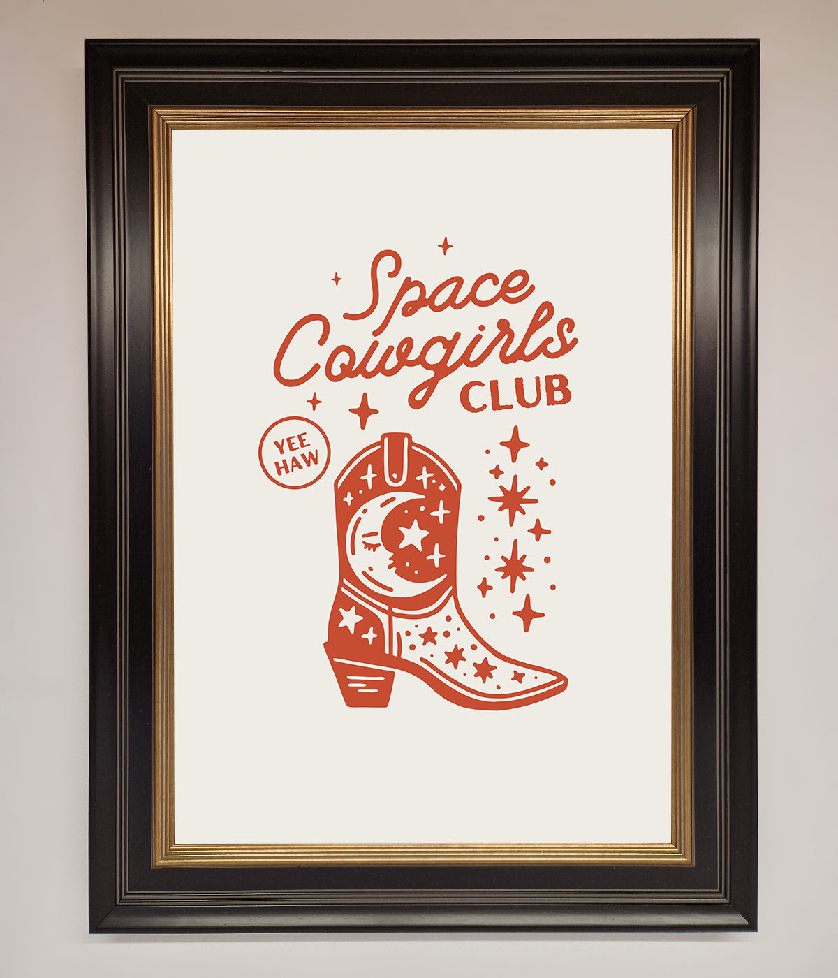 Space Cowgirls Club framed wall art featuring cosmic boot design.