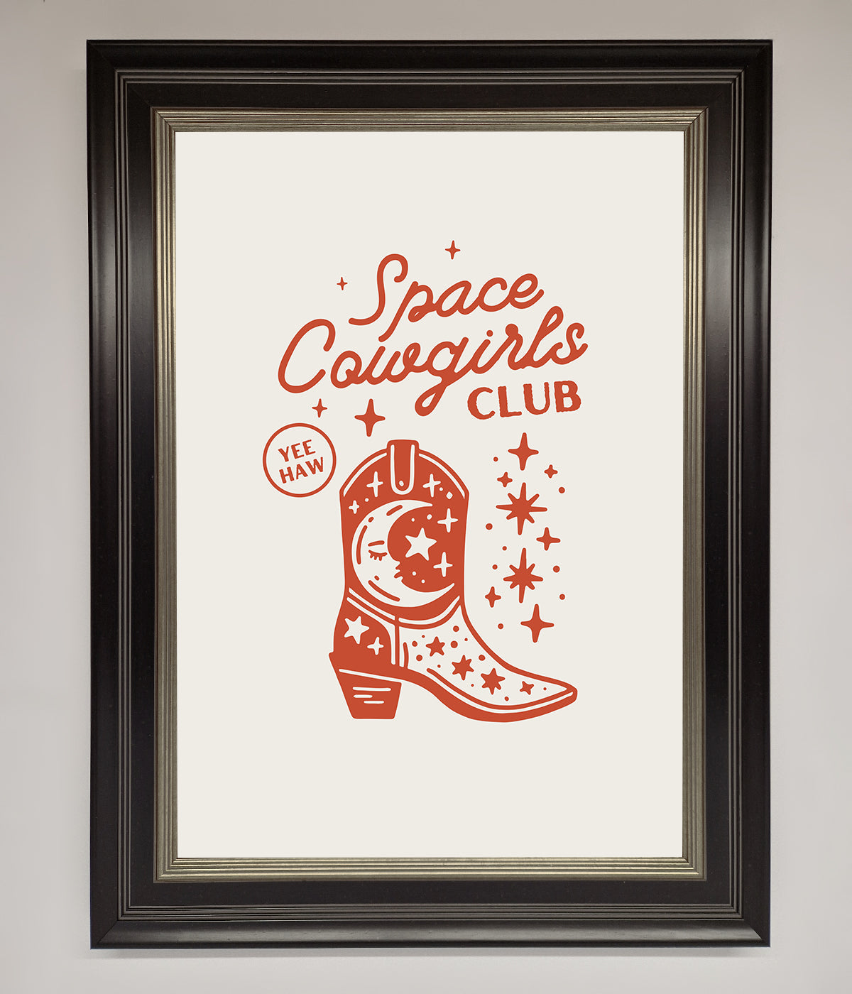 Space Cowgirls Club Framed Wall Art featuring cosmic boot design in elegant frame.