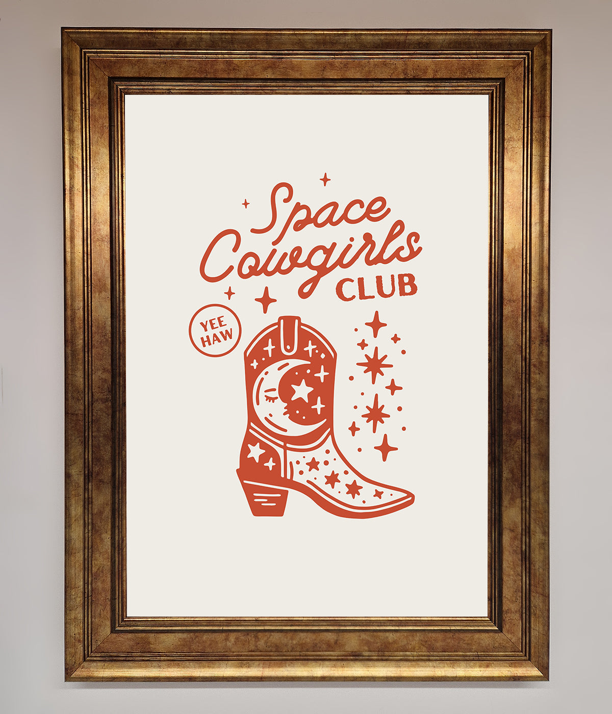 Space Cowgirls Club Framed Wall Art with cosmic and rustic design.