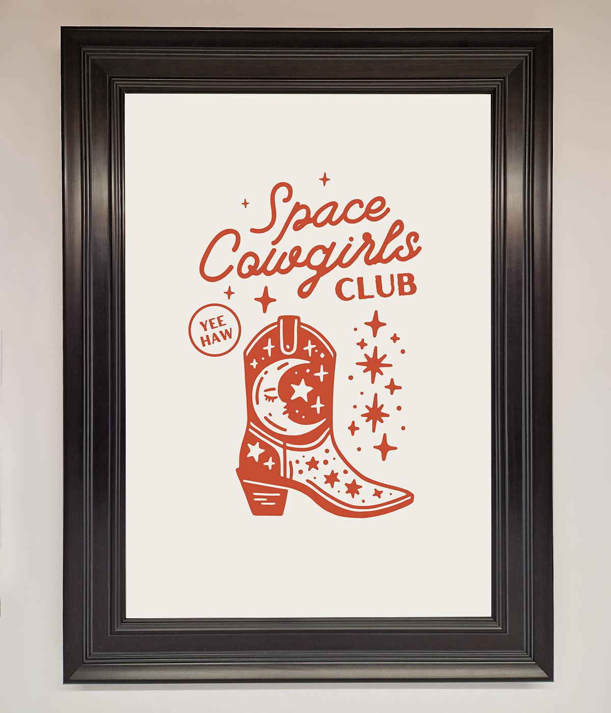 Space Cowgirls Club framed wall art with cosmic and rustic design.