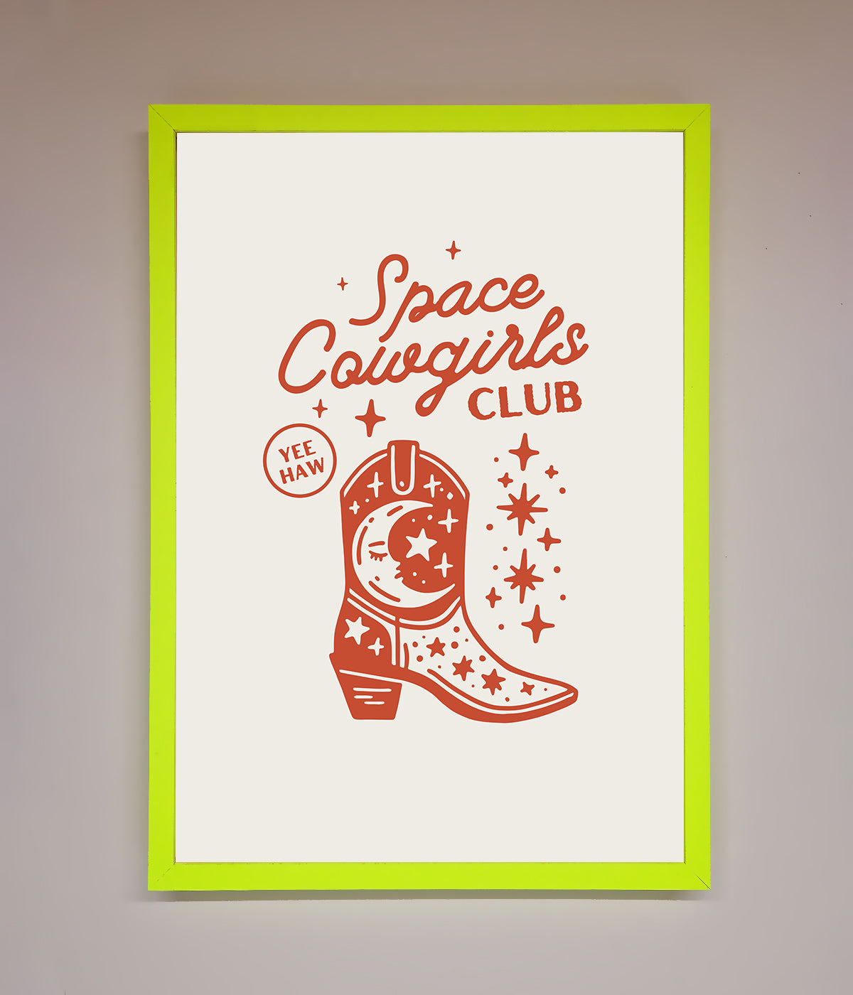 Space Cowgirls Club Framed Wall Art with cosmic boot design in a green frame.