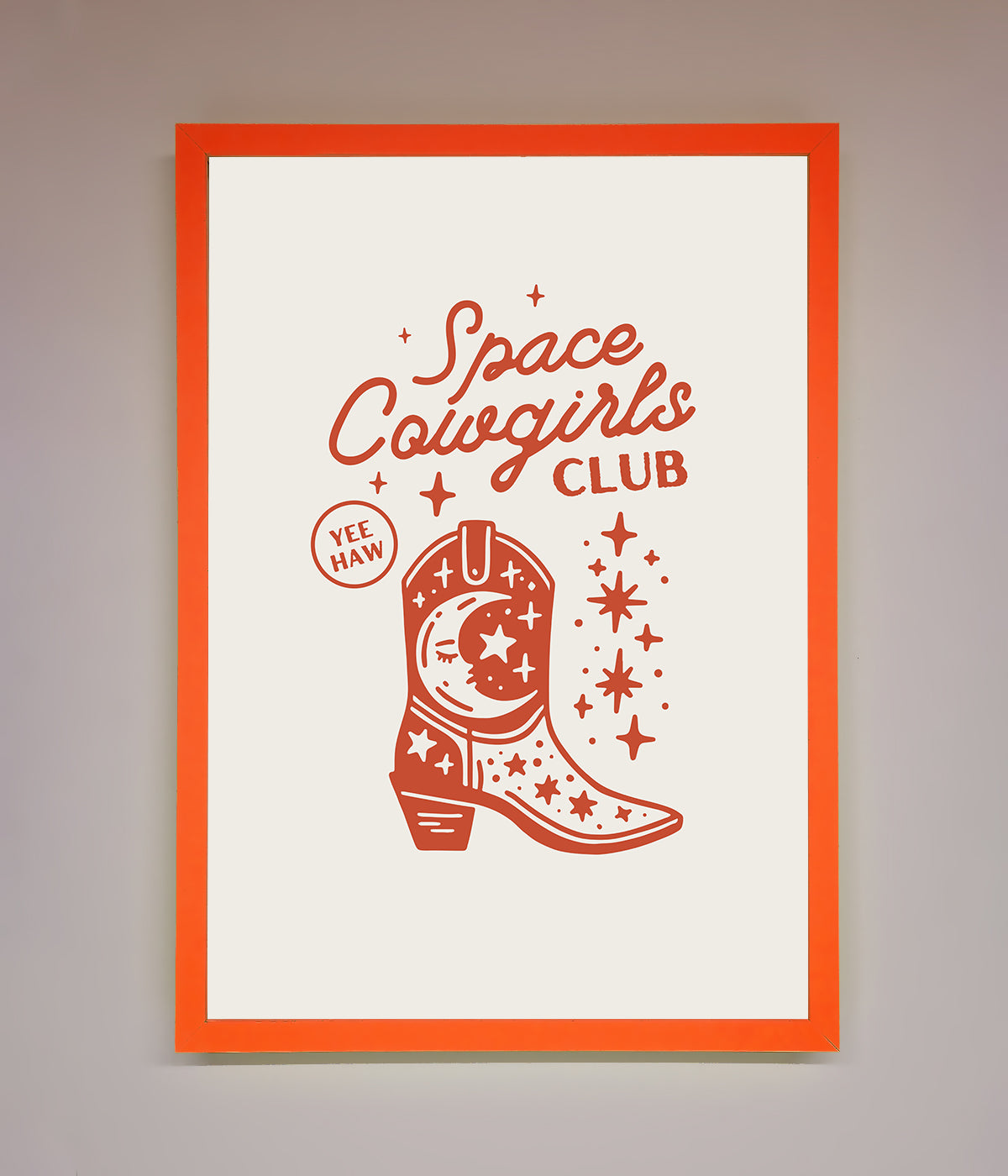 Space Cowgirls Club framed wall art with cosmic boot design and stars.