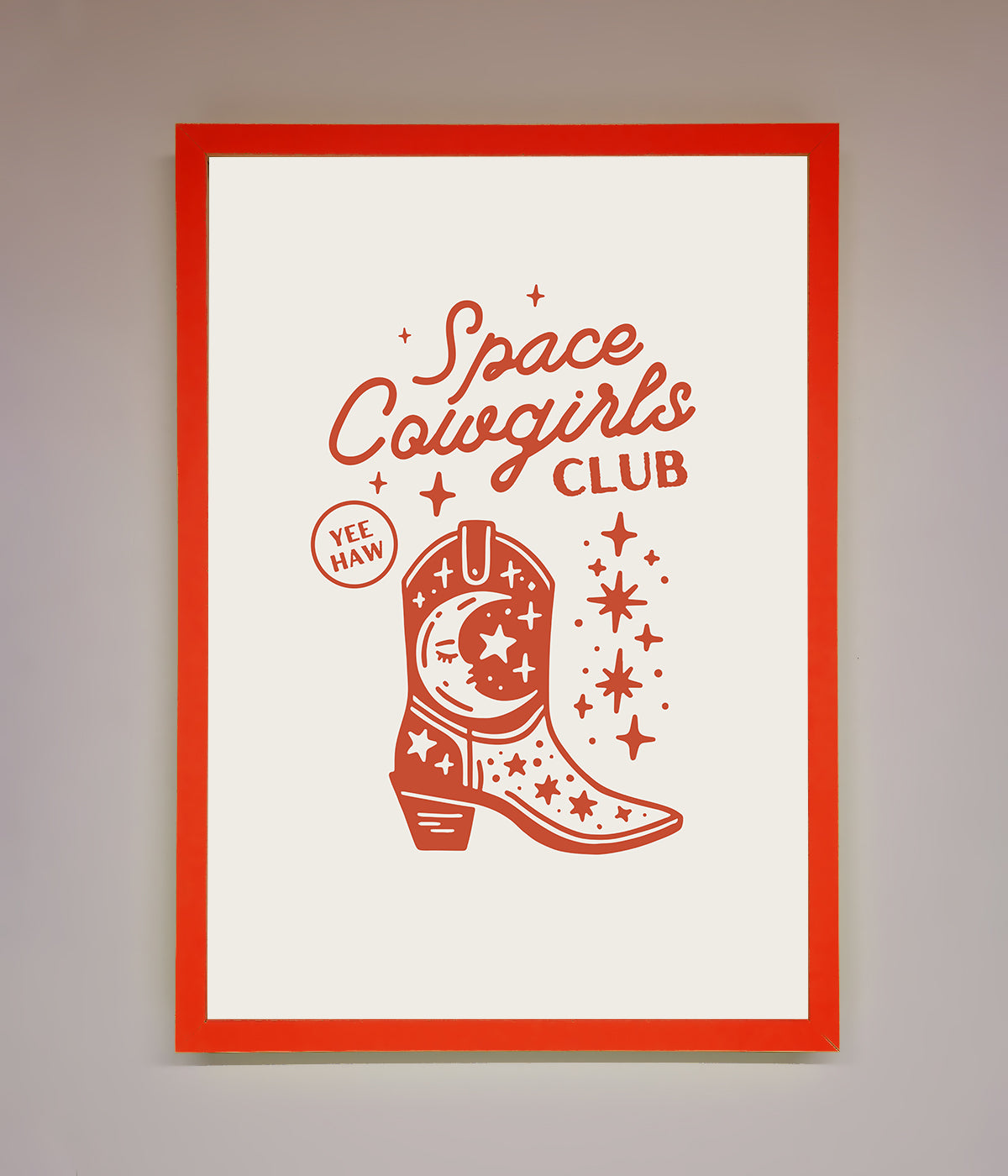 Space Cowgirls Club framed wall art with cosmic boot design and rustic elegance.