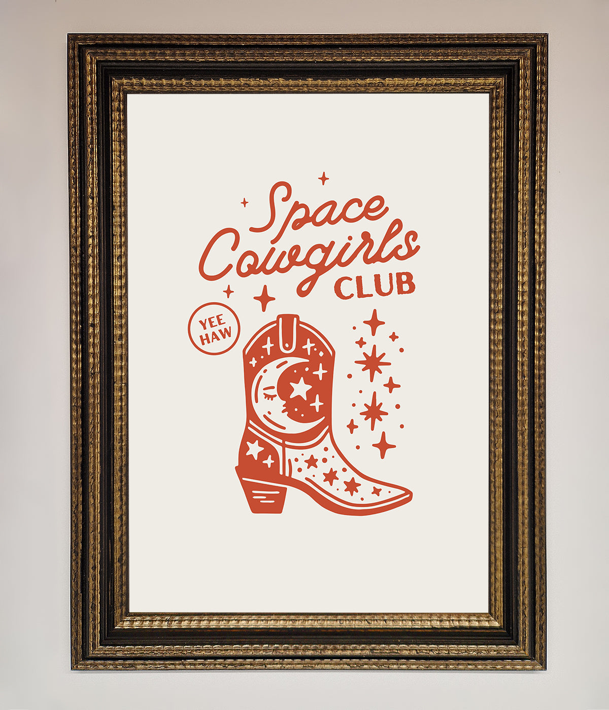 Space Cowgirls Club Framed Wall Art with cosmic and rustic design.