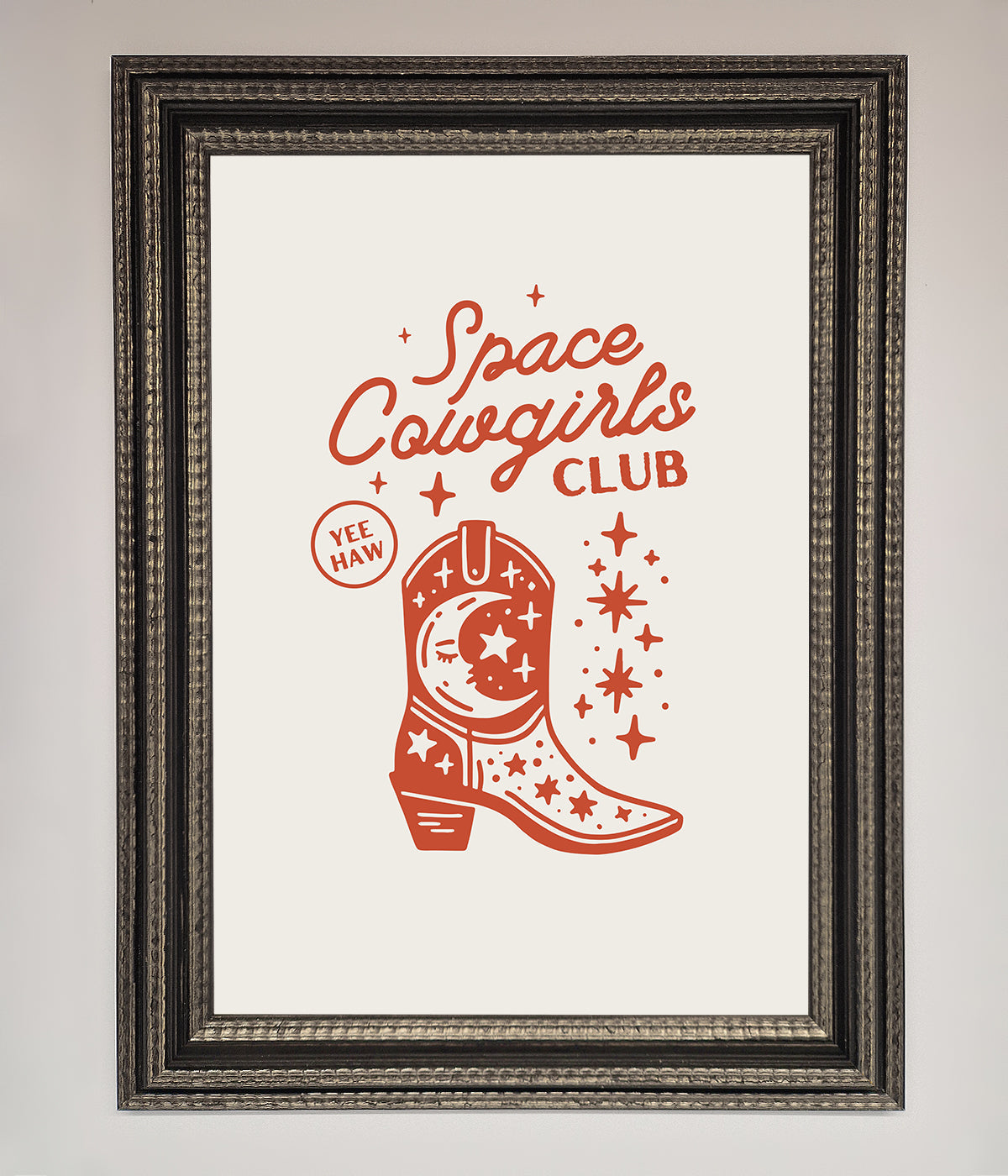 Space Cowgirls Club Framed Wall Art with cosmic boot design.