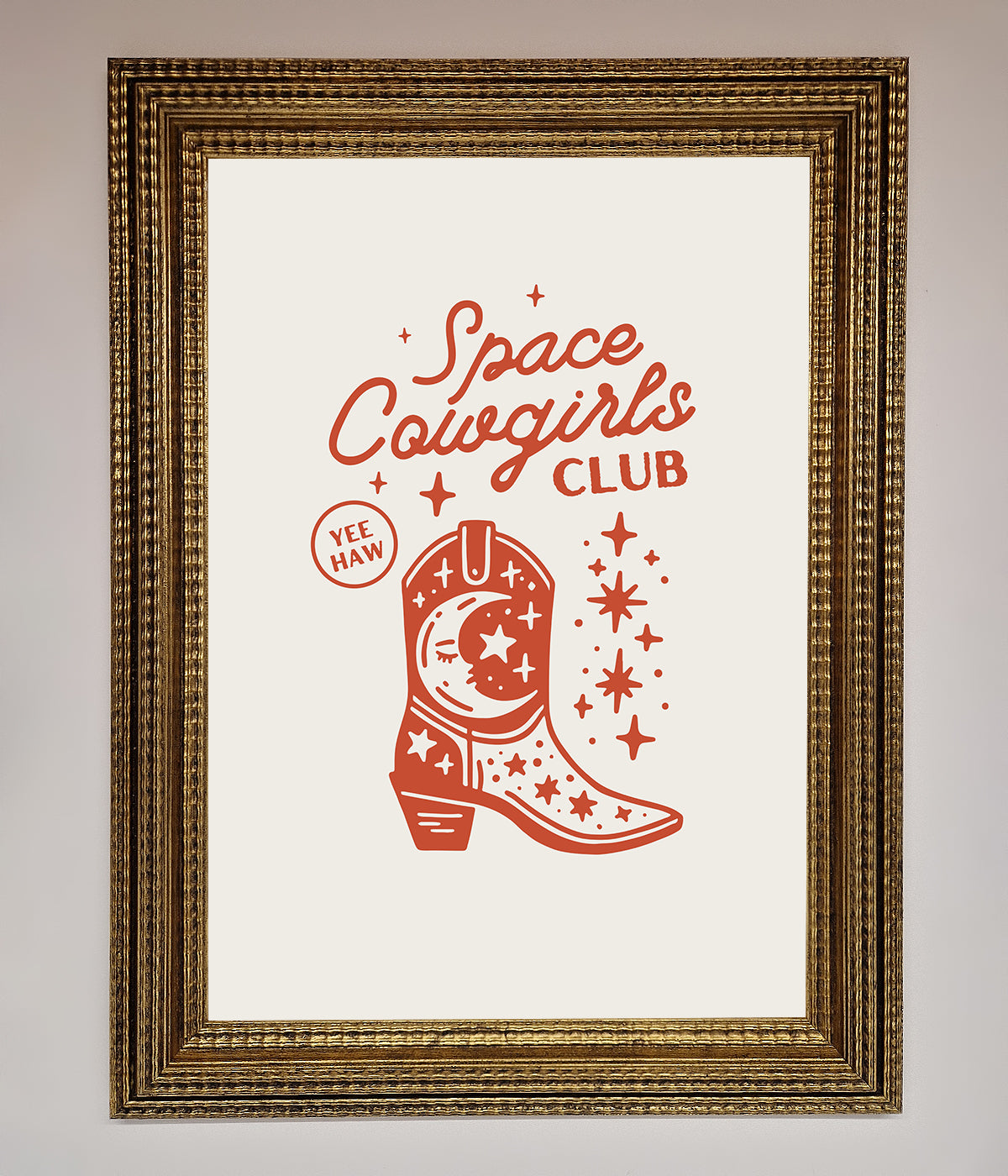 Space Cowgirls Club framed wall art with cosmic design in elegant frame.