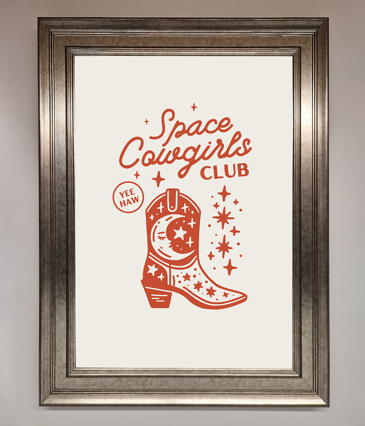 Space Cowgirls Club framed wall art with cosmic and rustic design.