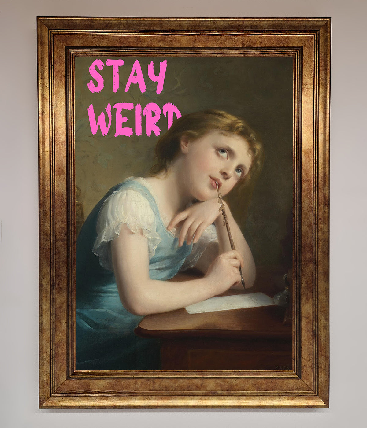 Stay Weird framed print featuring a thoughtful woman in a blue dress.