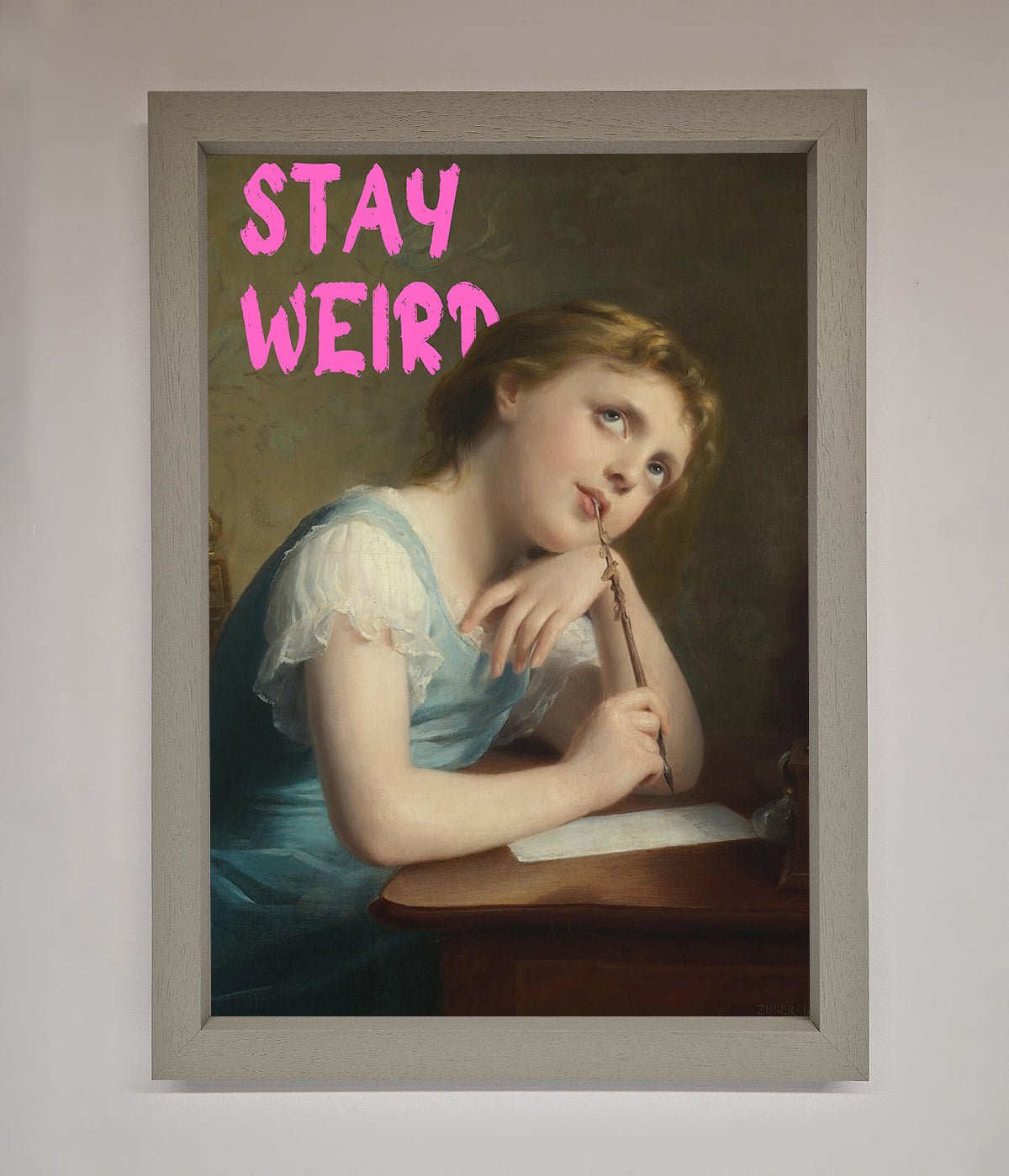 Stay Weird framed print featuring a pondering woman in a classic painting style.