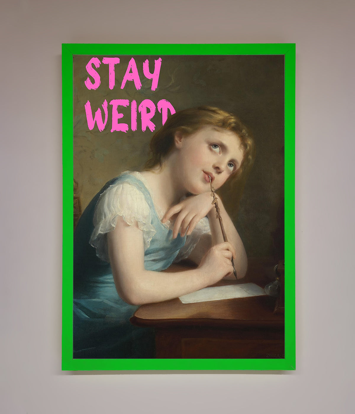 Stay Weird framed print featuring a thoughtful girl in a green frame.