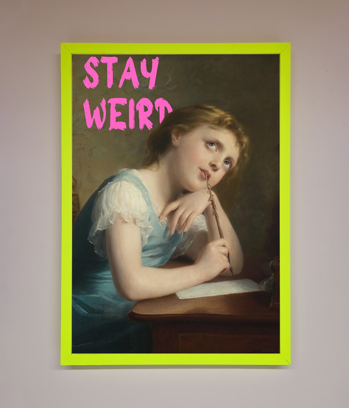 Stay Weird Framed Print, colorful artwork with vintage portrait.