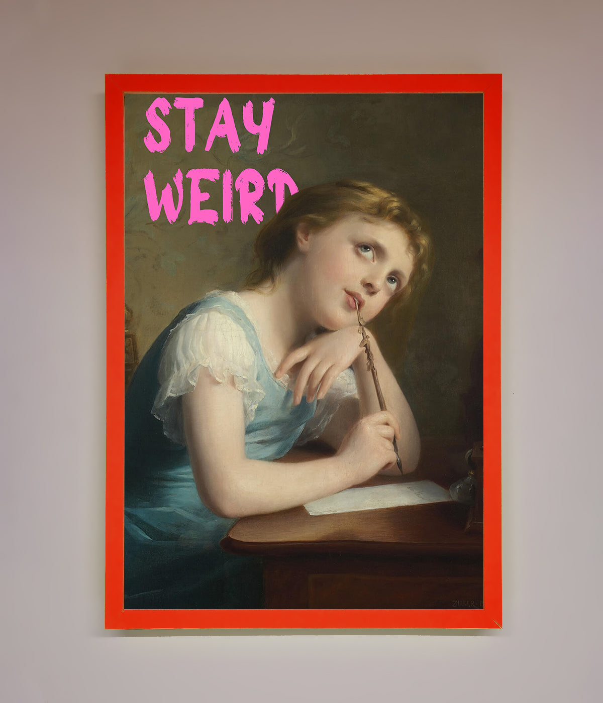 Stay Weird Framed Print featuring a vintage painting with bold text.