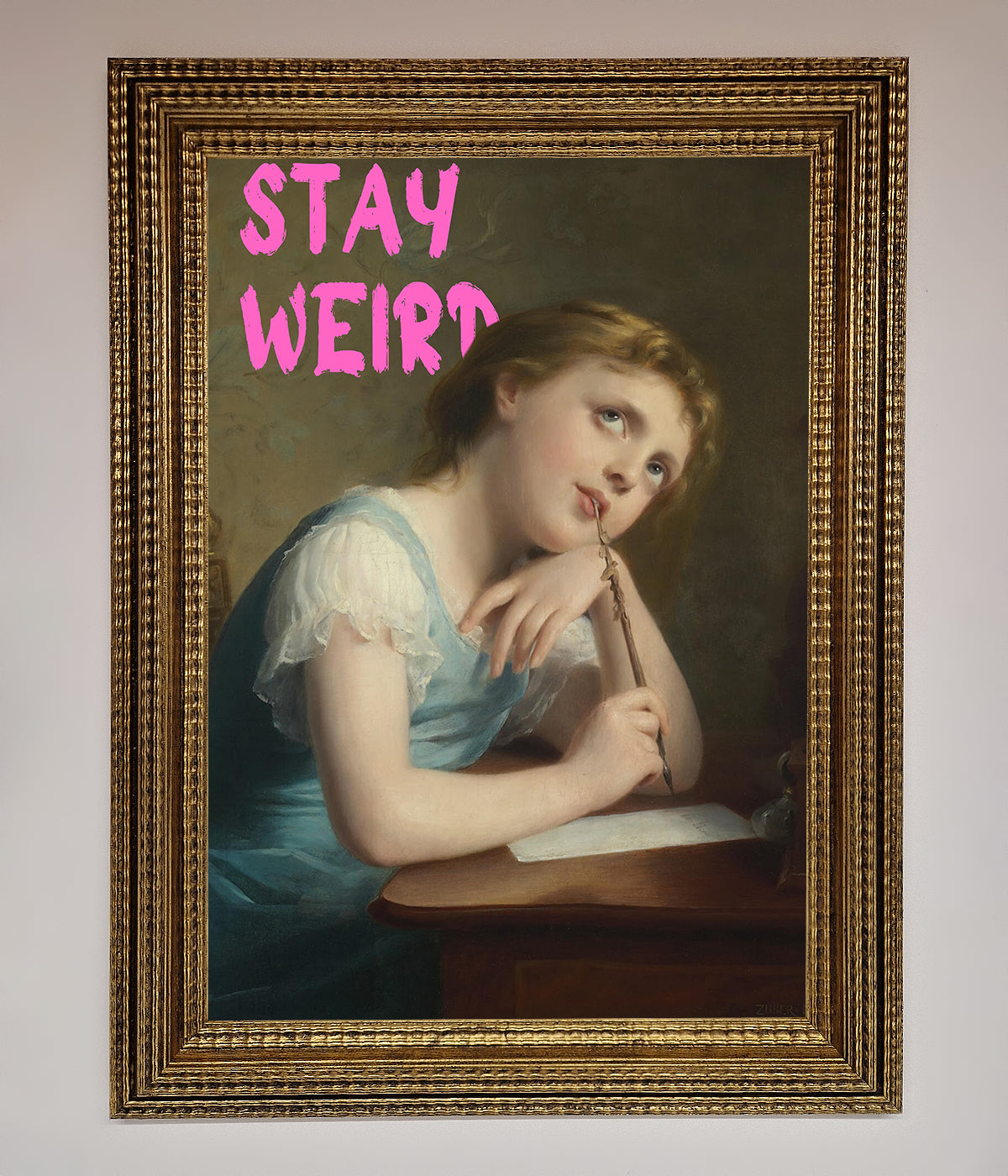 Stay Weird framed print featuring a vintage-style painting of a pondering woman.