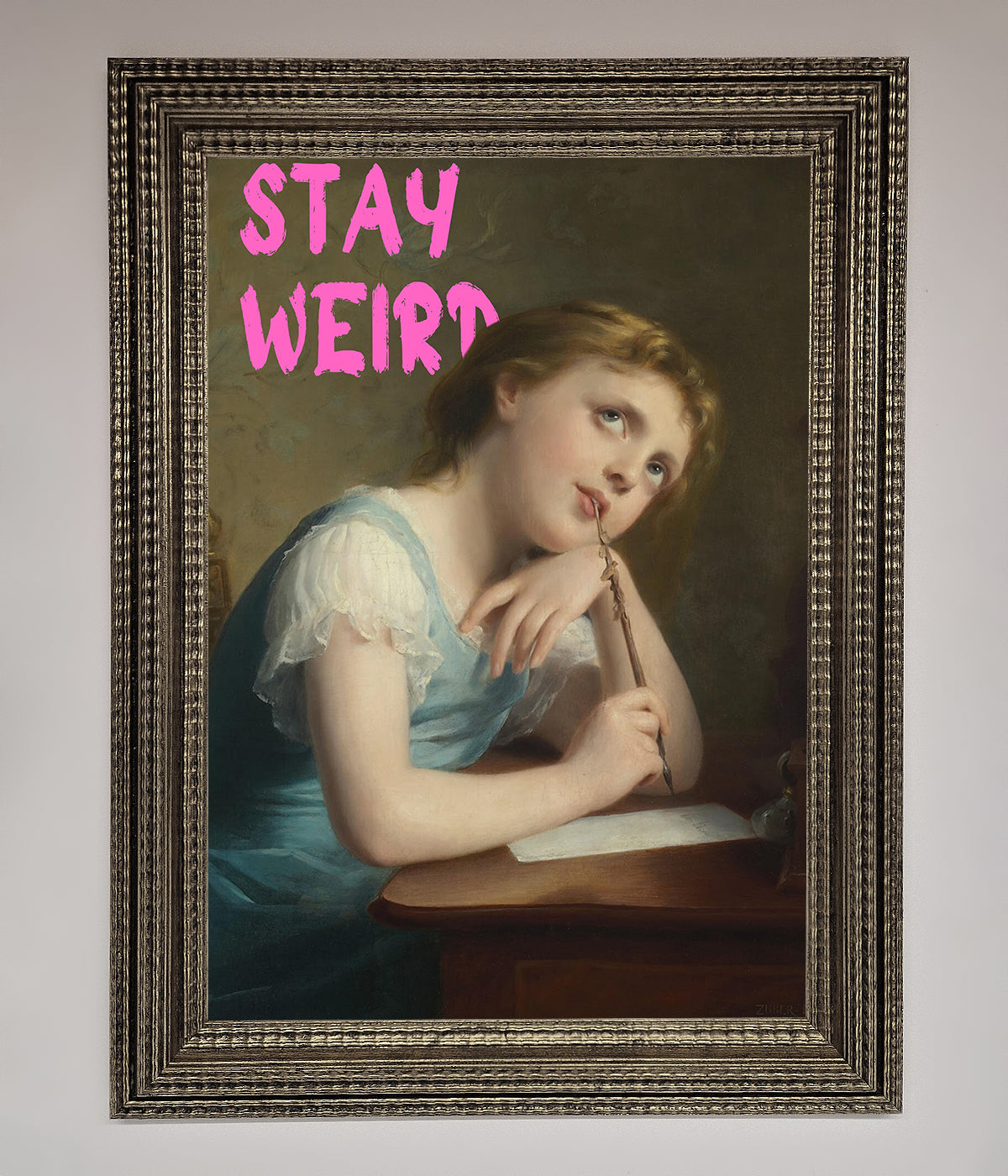 Stay Weird framed art print featuring a vintage painting with text.