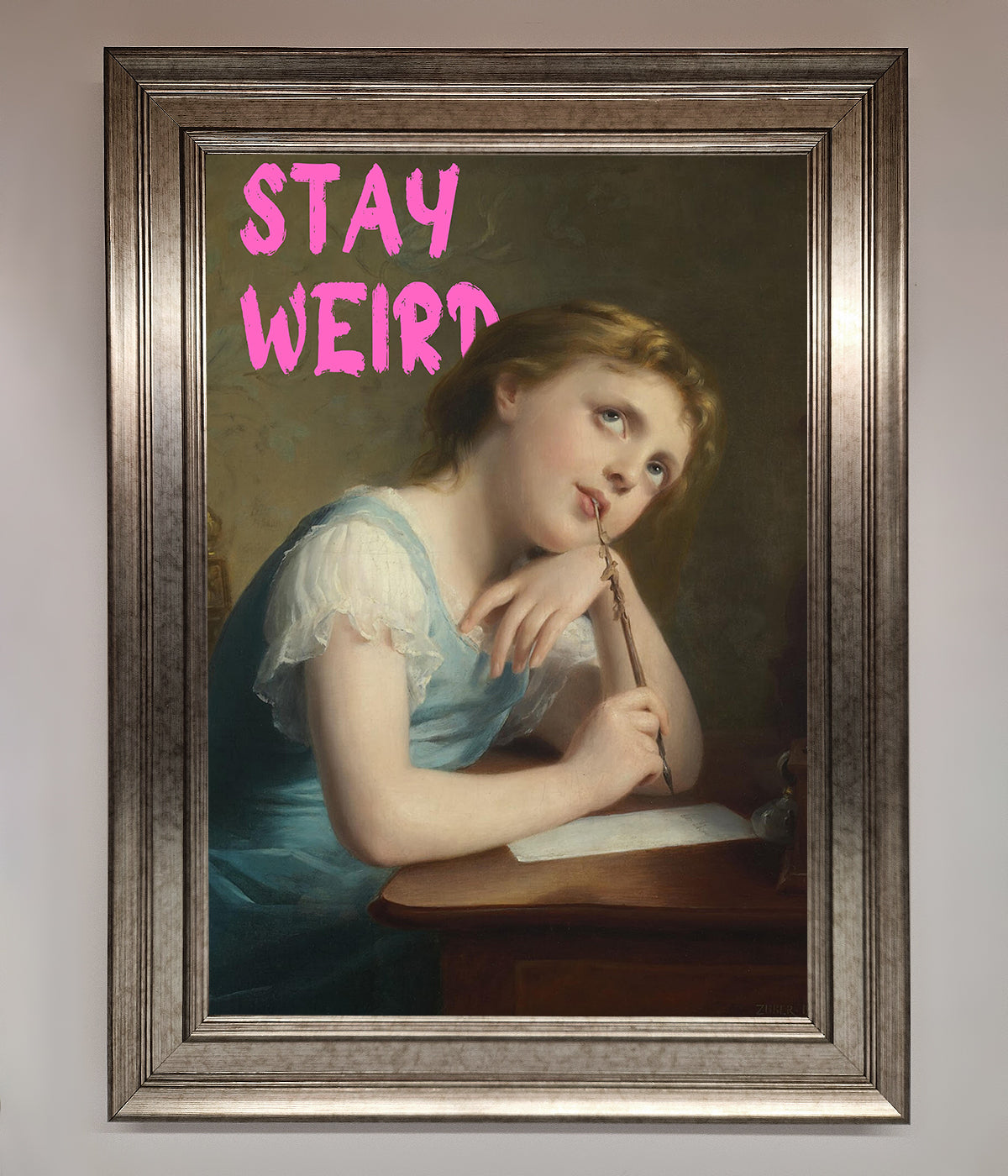 Stay Weird Framed Print featuring a classic painting of a woman in blue.