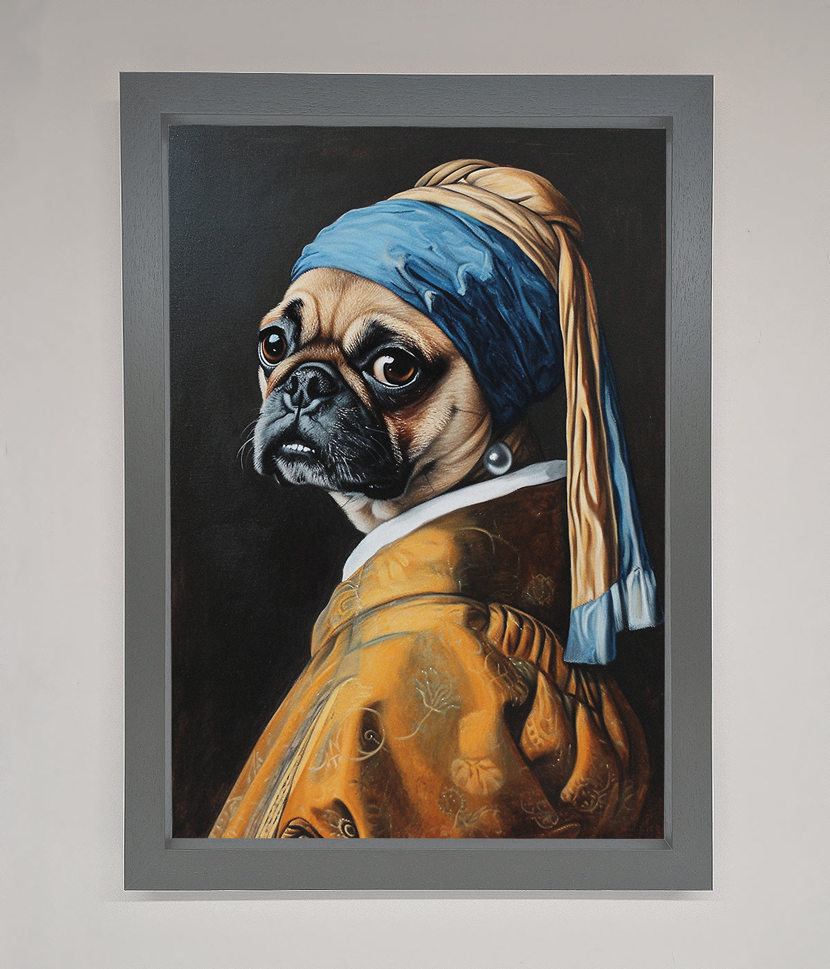 Funny wall art featuring a pug with a pearl earring in a framed print.