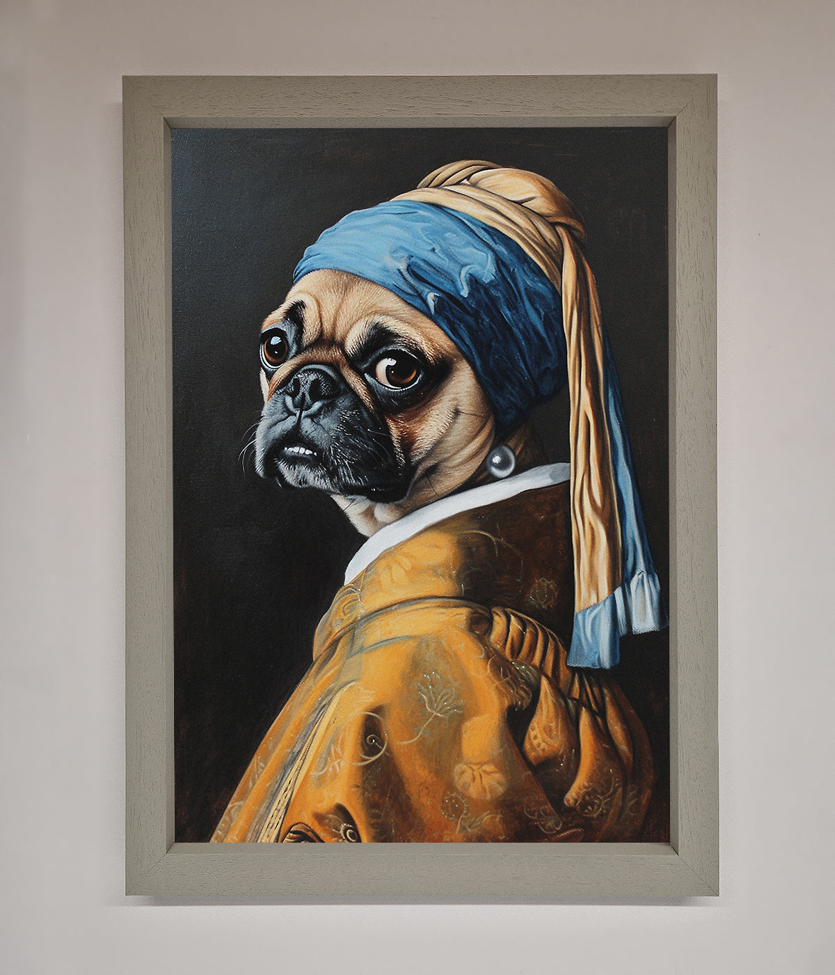 Funny wall art featuring "The Pug With The Pearl Earring" framed print, whimsical twist on classic masterpiece.