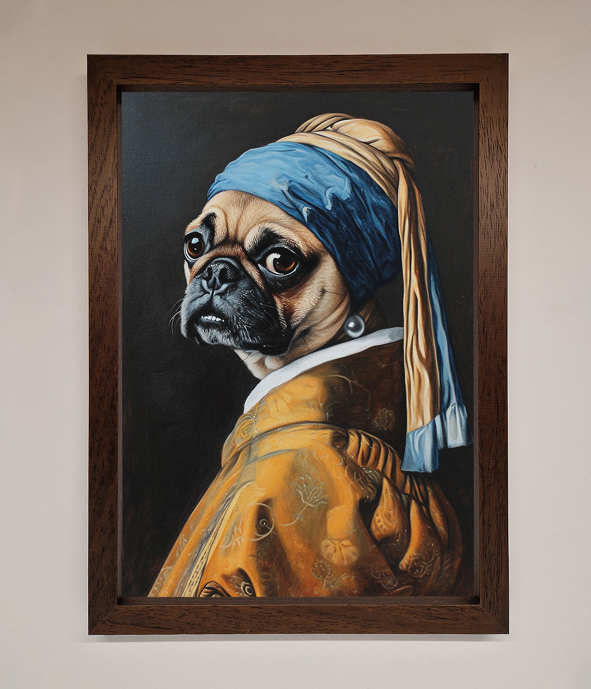 funny wall art featuring pug with pearl earring framed print