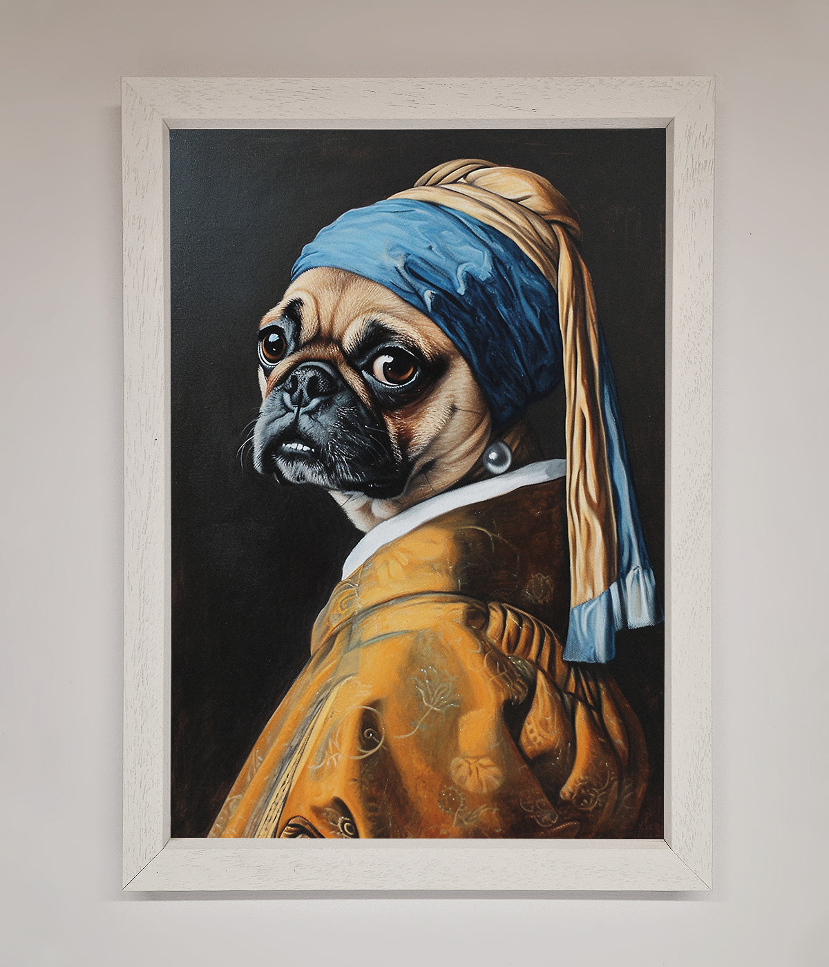 Funny wall art featuring "The Pug With The Pearl Earring" in a framed print, adding humor to your decor.