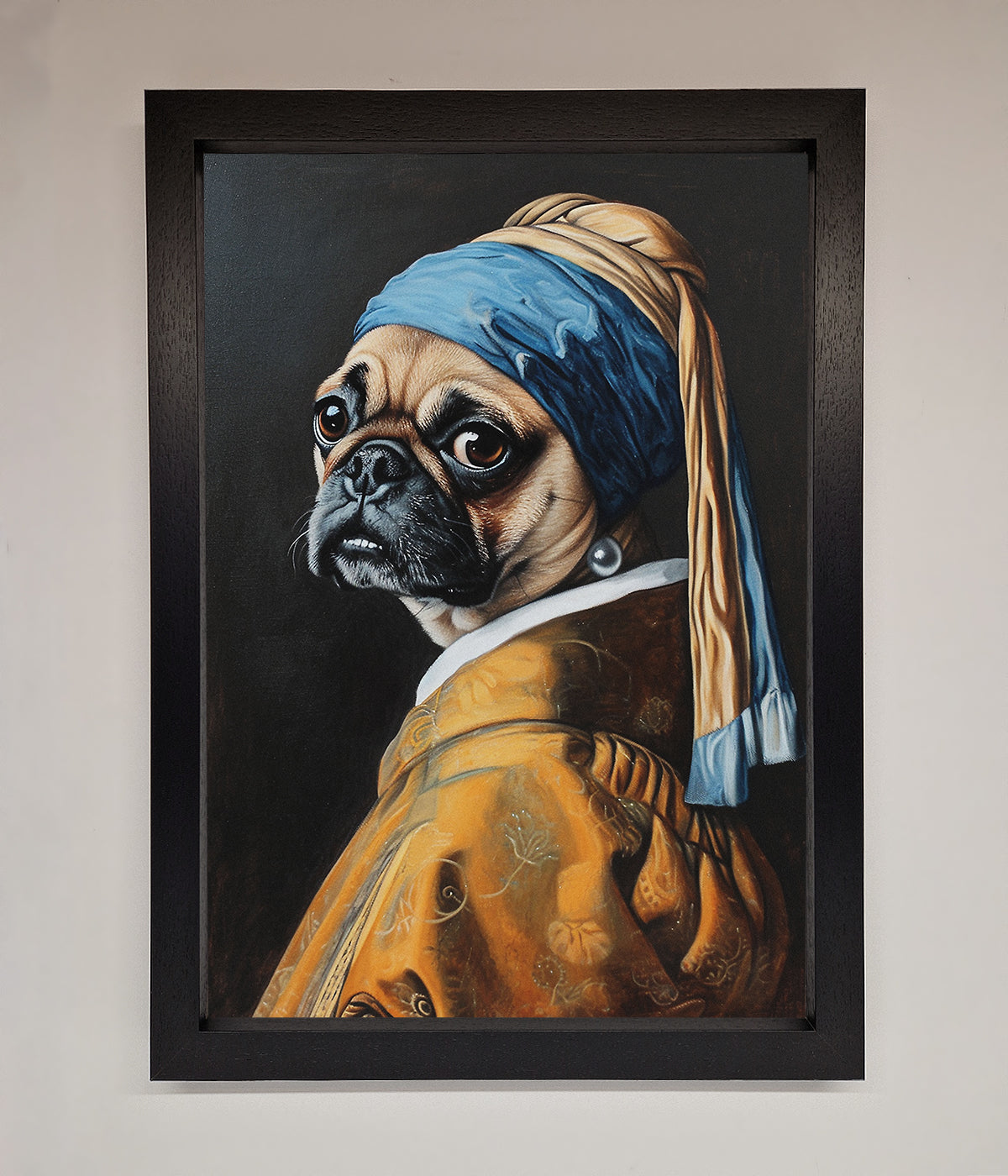 Funny wall art featuring "The Pug With The Pearl Earring" framed print, whimsical twist on a classic masterpiece.