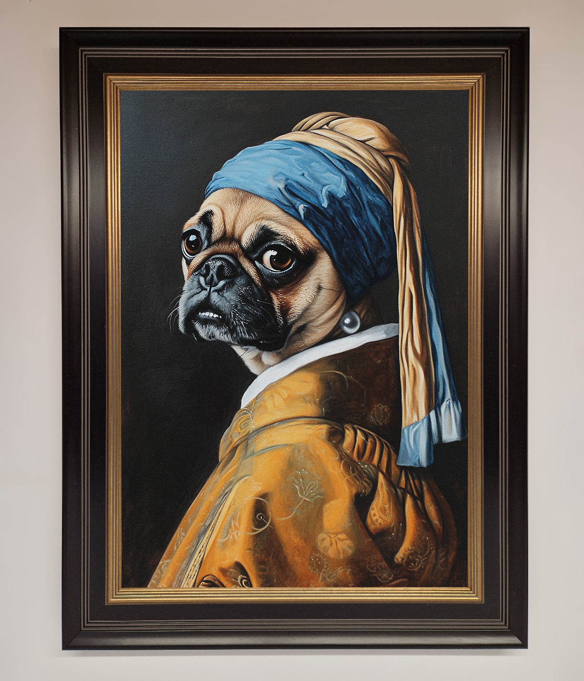 Funny wall art featuring a pug with a pearl earring in a framed print.