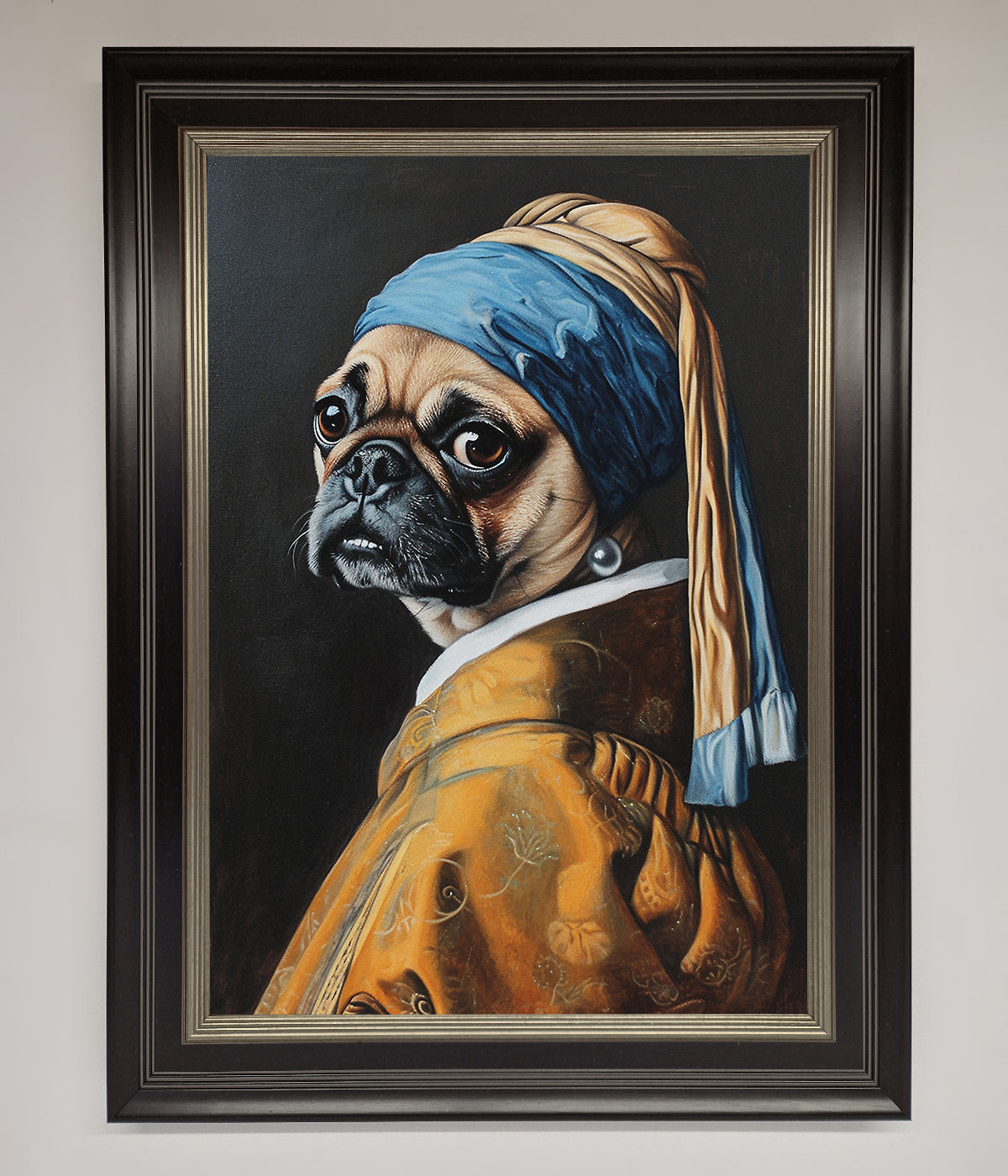 Funny wall art featuring a pug with a pearl earring framed print.