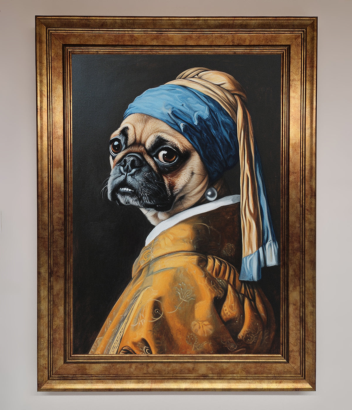 Whimsical "The Pug With The Pearl Earring" framed print, funny wall art.