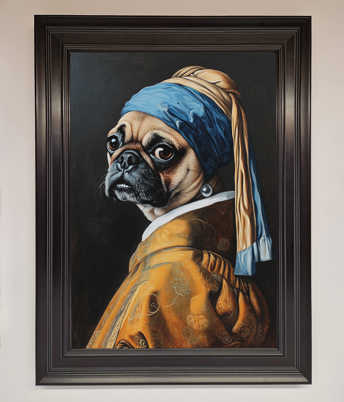 Framed print of a pug with a pearl earring, humorous wall art.