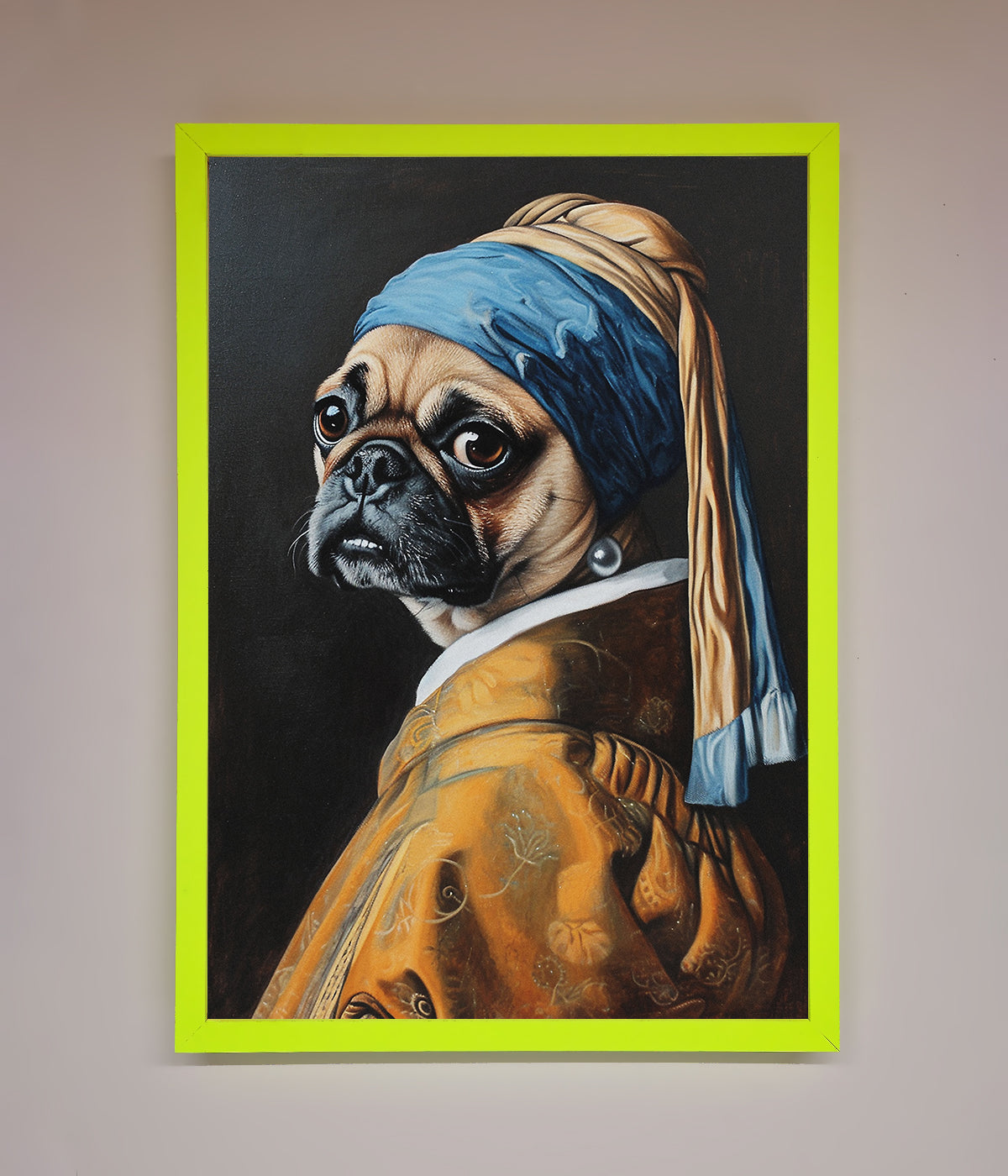 Funny wall art featuring "The Pug With The Pearl Earring" framed print, a whimsical twist on a classic masterpiece.