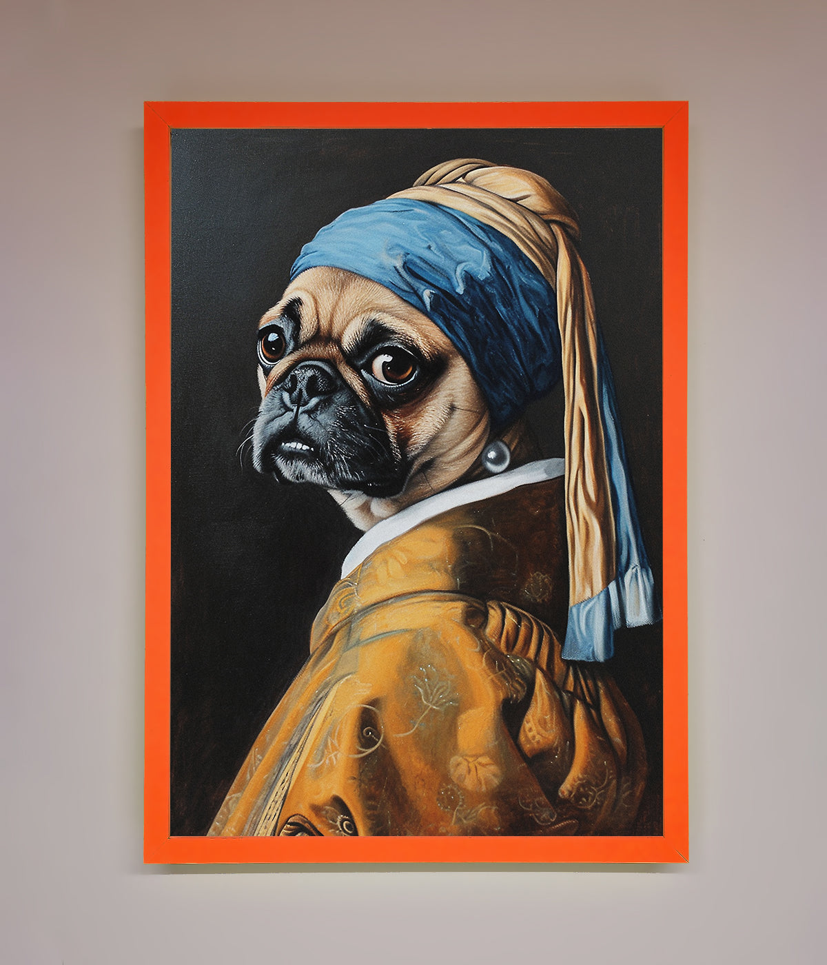 Funny wall art featuring a pug with a pearl earring in a whimsical framed print.