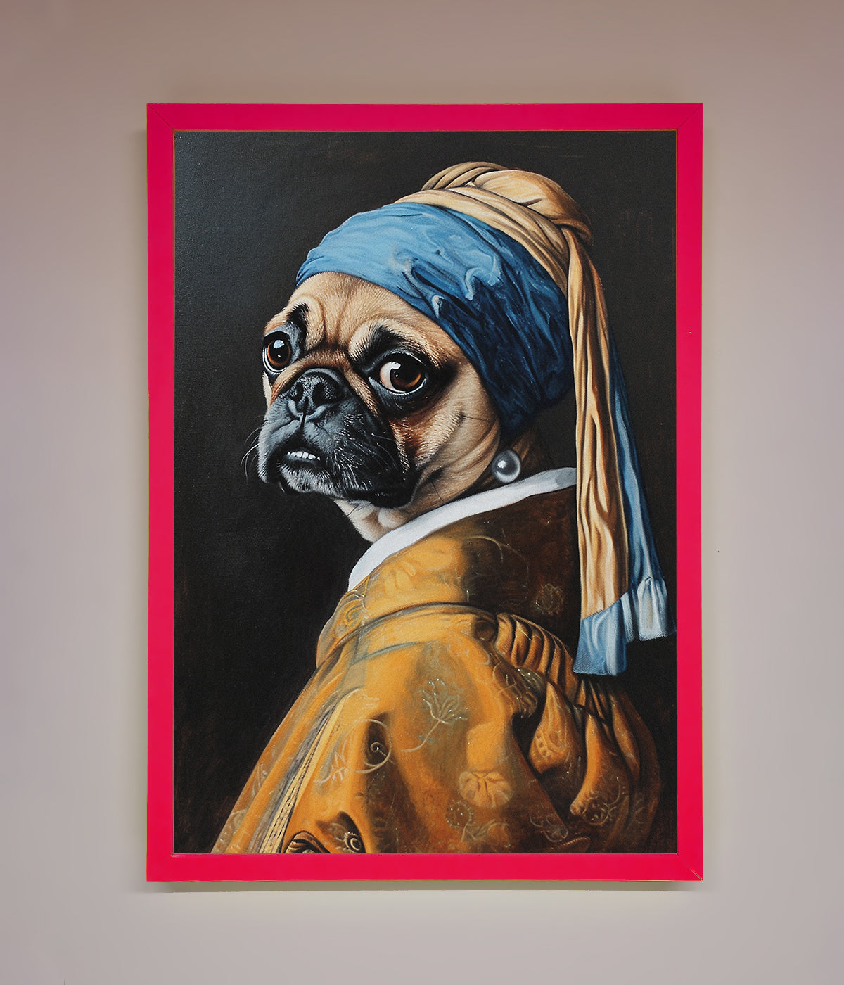 Funny wall art featuring "The Pug With The Pearl Earring" framed print, a playful twist on a classic masterpiece.