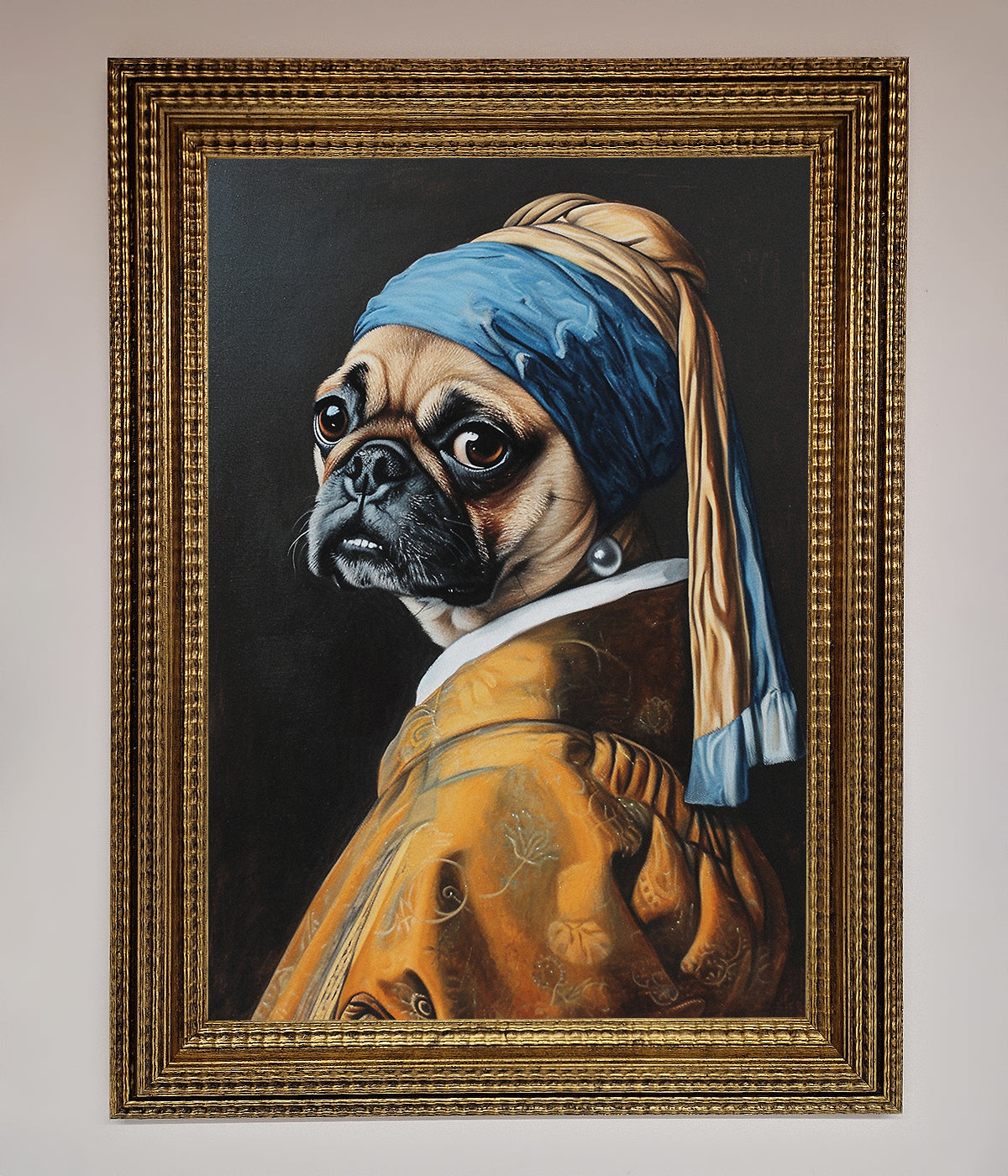 Whimsical pug with pearl earring framed print adds humor to decor.