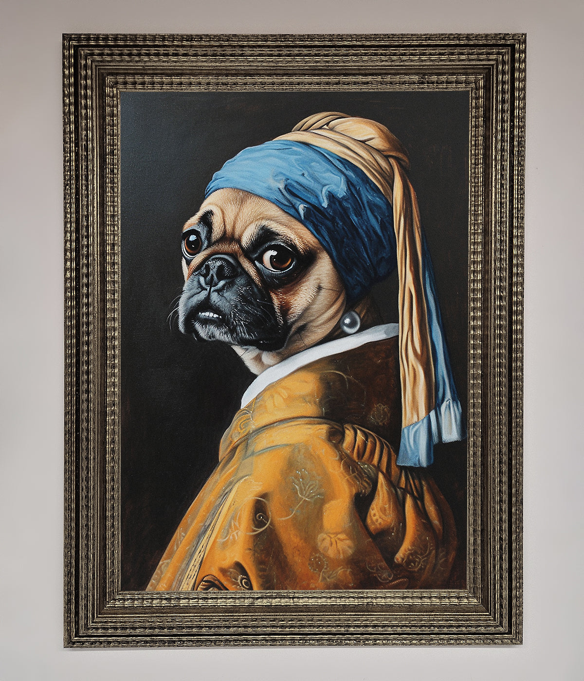 Whimsical pug with pearl earring framed print as funny wall art.