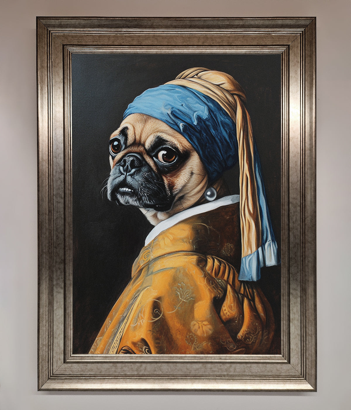 funny wall art pug with pearl earring framed print