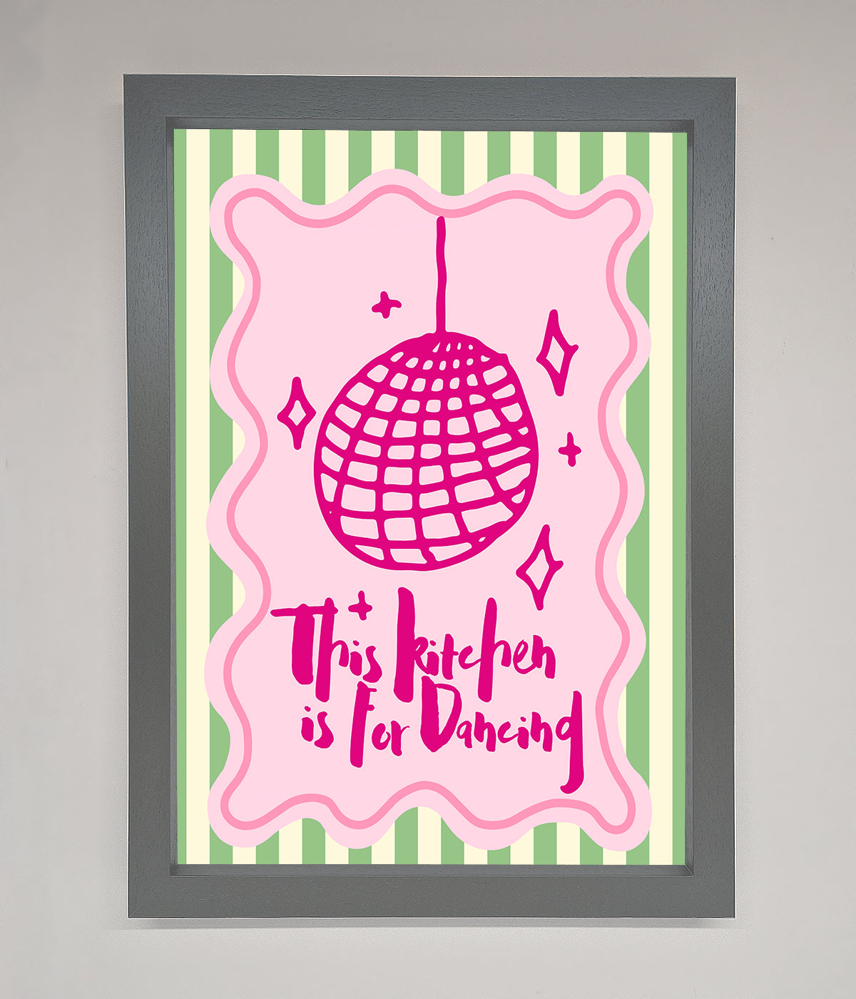 This Kitchen Is For Dancing Framed Wall Art with pink disco ball design.