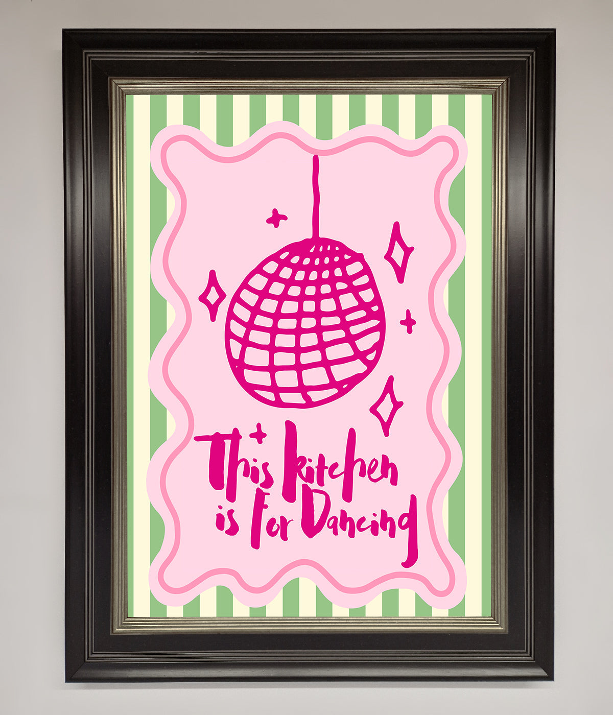 This Kitchen Is For Dancing framed wall art with pink disco ball design.