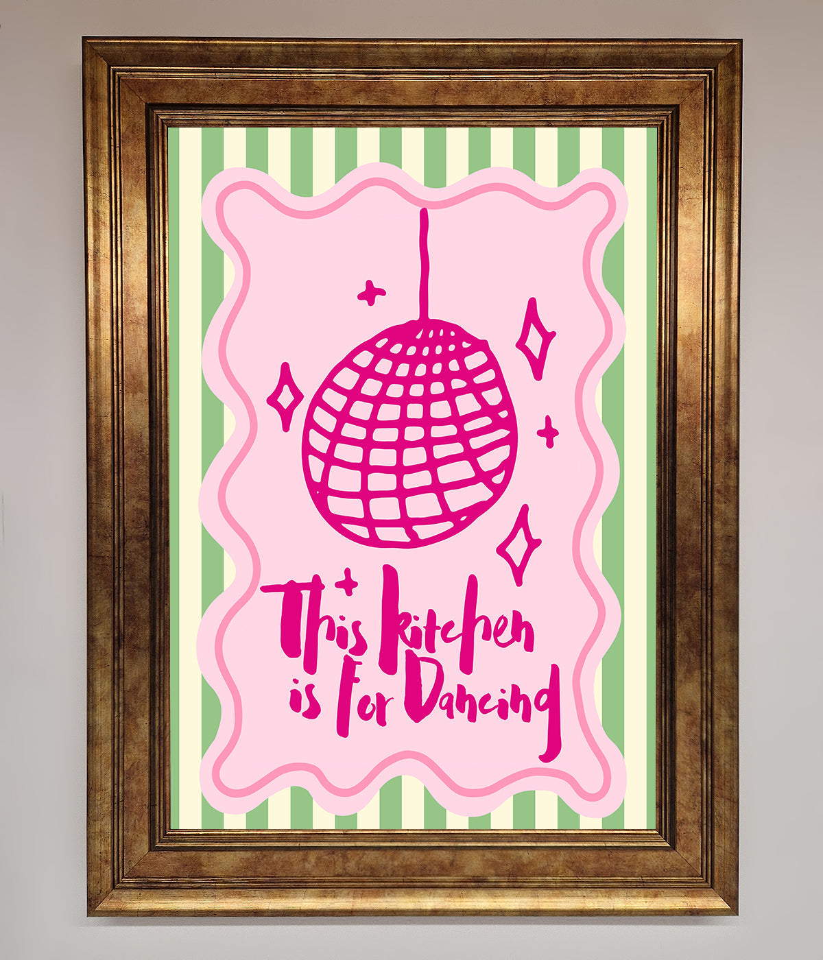 This Kitchen Is For Dancing Framed Wall Art with disco ball design and decorative frame.